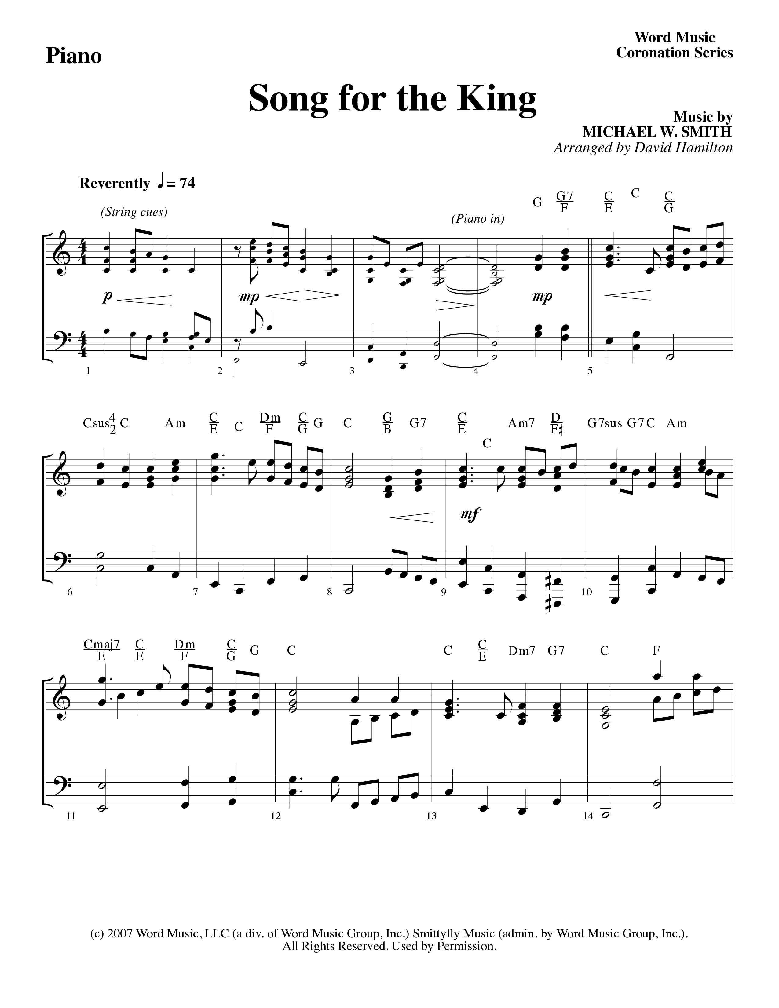 Song For The King (Instrumental) Piano Sheet (Michael W. Smith / Word Music / Arr. David Hamilton)