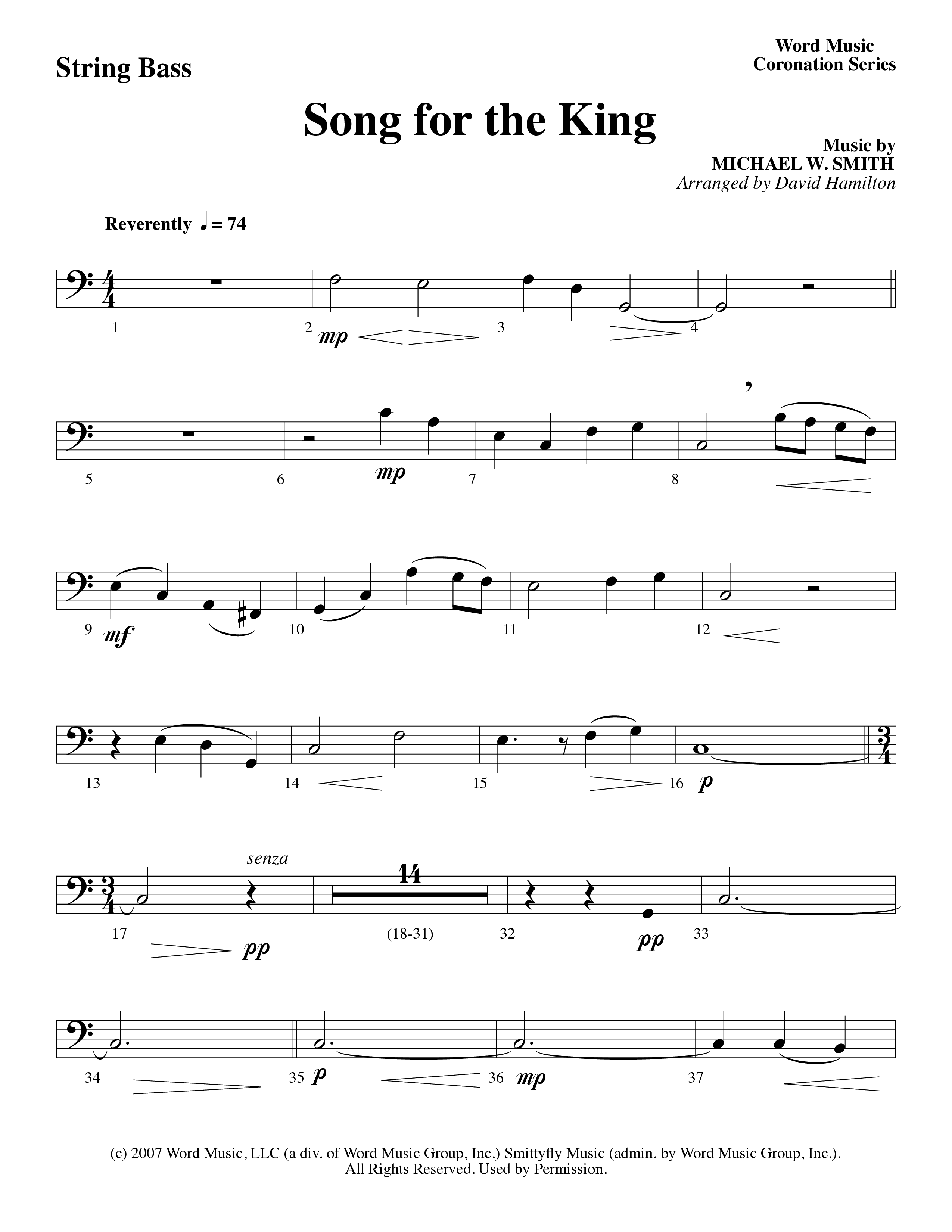 Song For The King (Instrumental) String Bass (Michael W. Smith / Word Music / Arr. David Hamilton)
