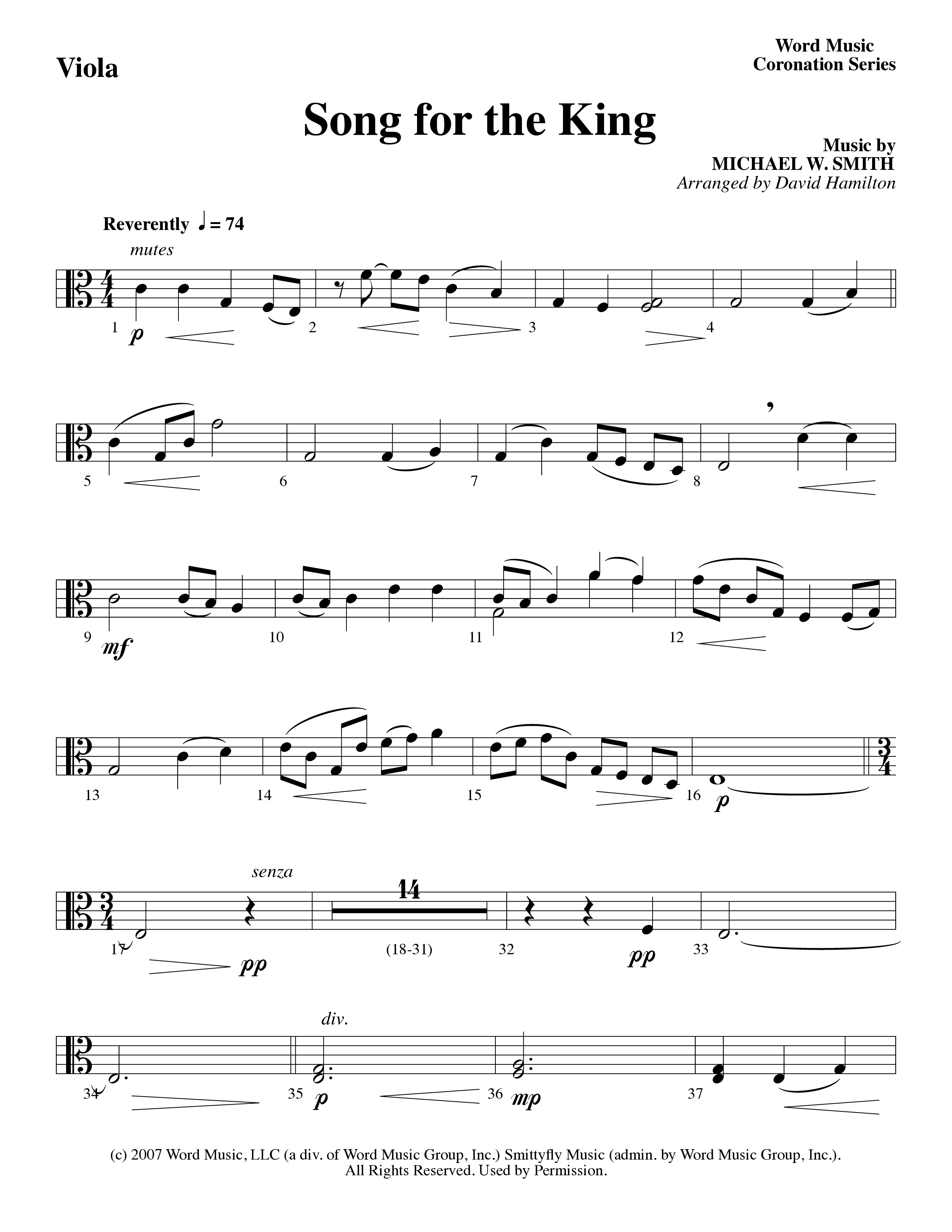 Song For The King (Instrumental) Viola (Michael W. Smith / Word Music / Arr. David Hamilton)