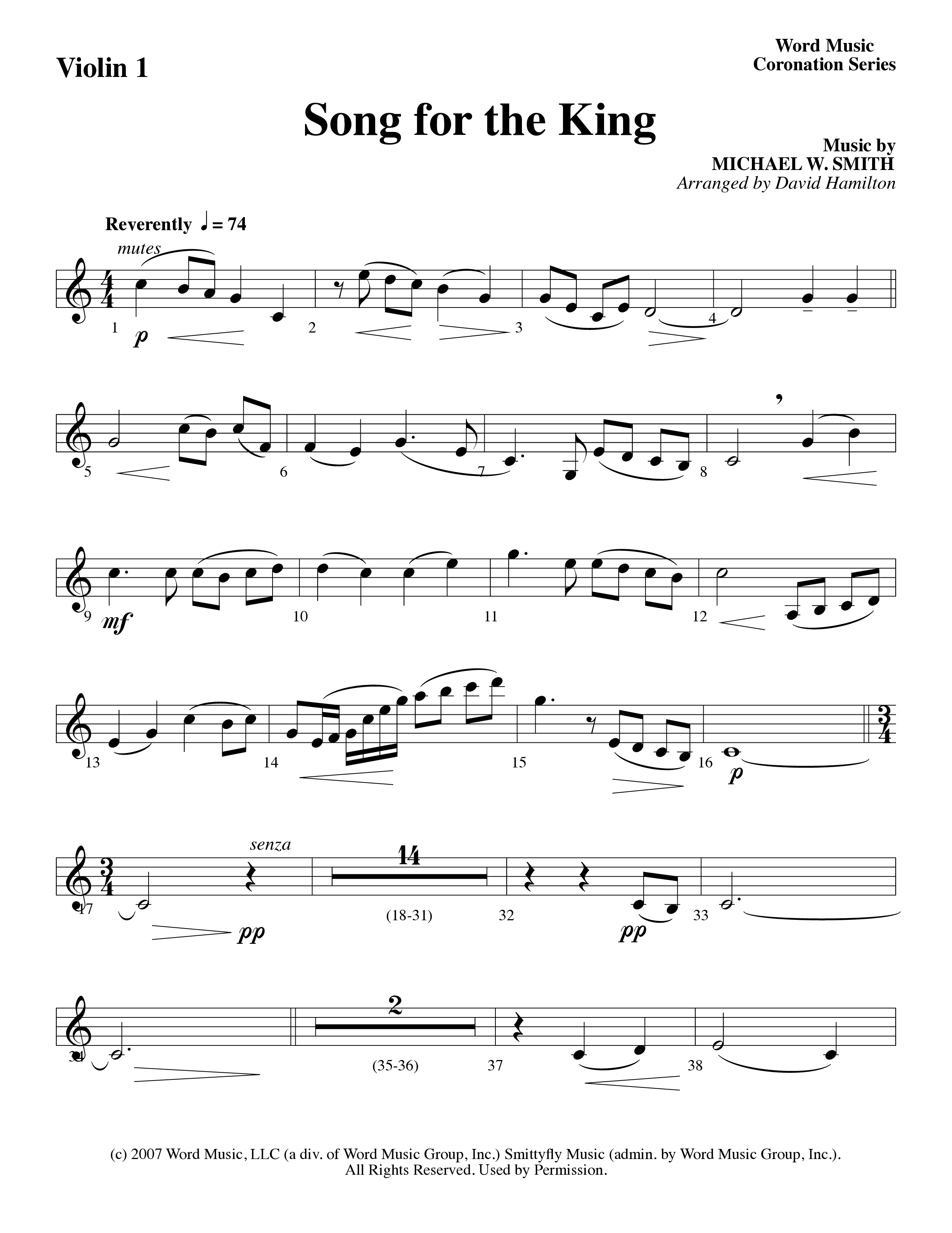 Song For The King (Instrumental) Violin 1 (Michael W. Smith / Word Music / Arr. David Hamilton)