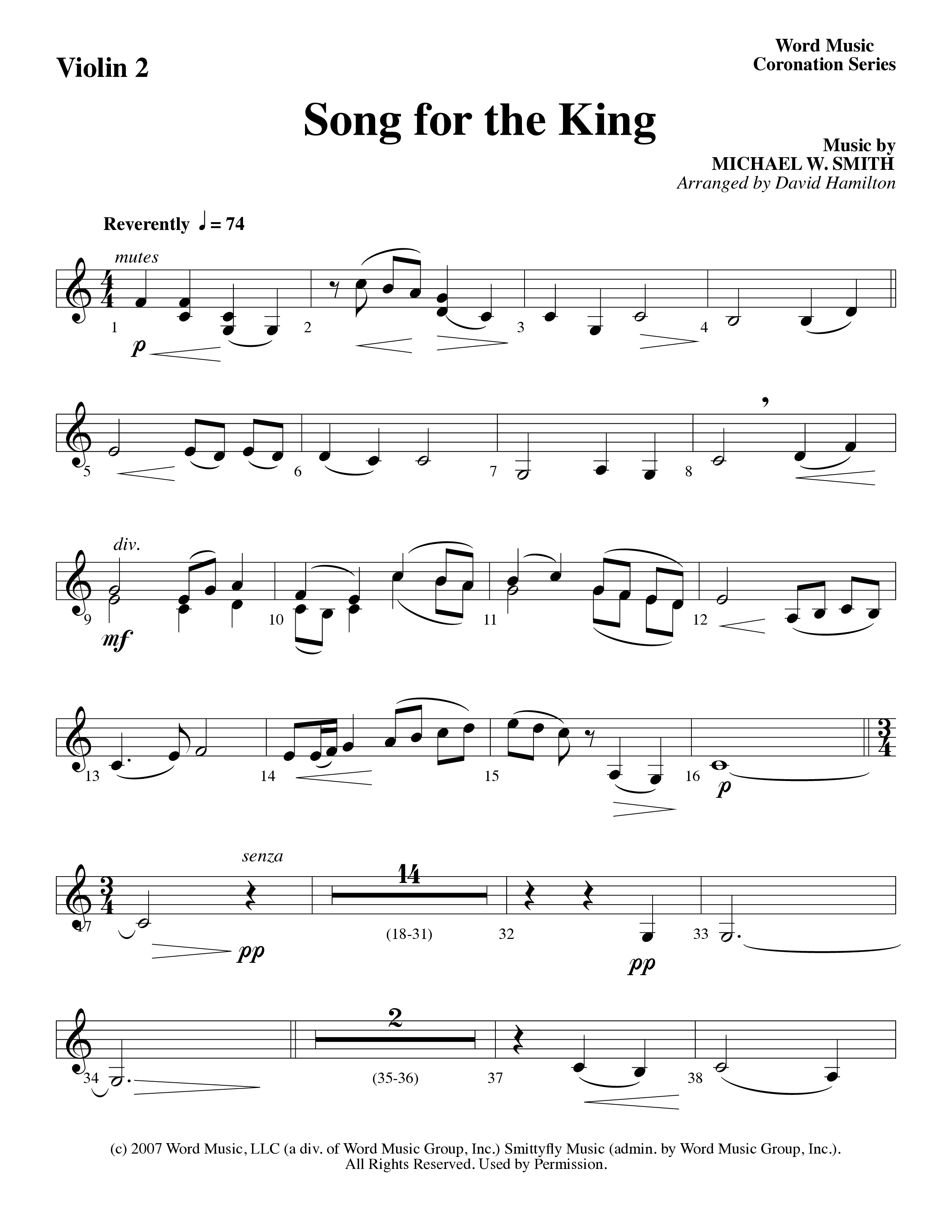 Song For The King (Instrumental) Violin 2 (Michael W. Smith / Word Music / Arr. David Hamilton)