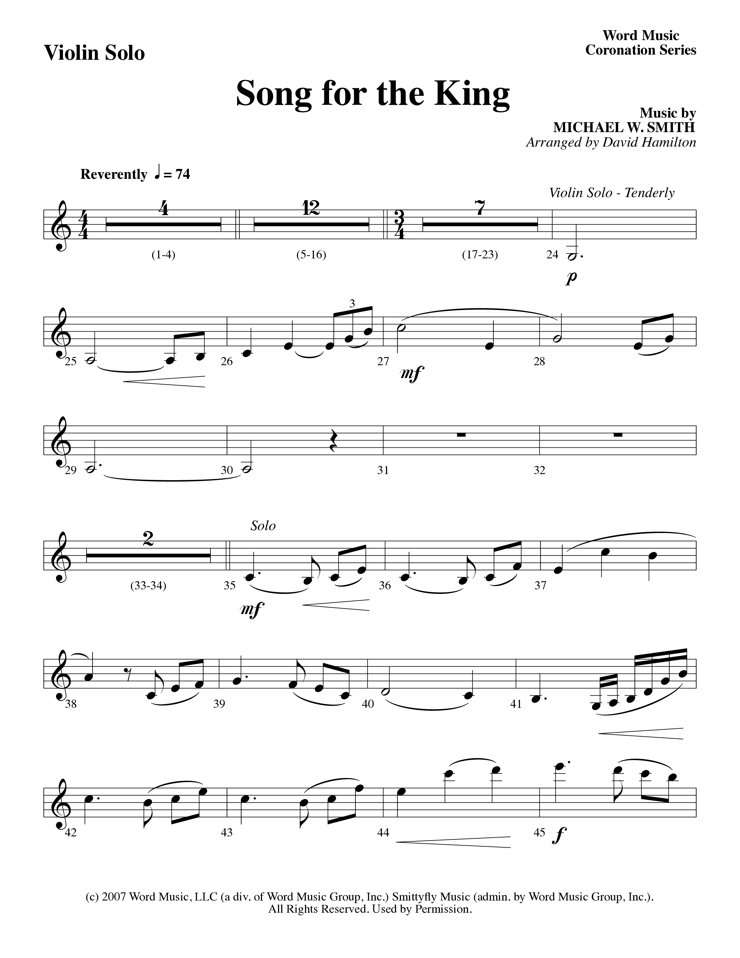 Song For The King (Instrumental) Violin Solo (Michael W. Smith / Word Music / Arr. David Hamilton)
