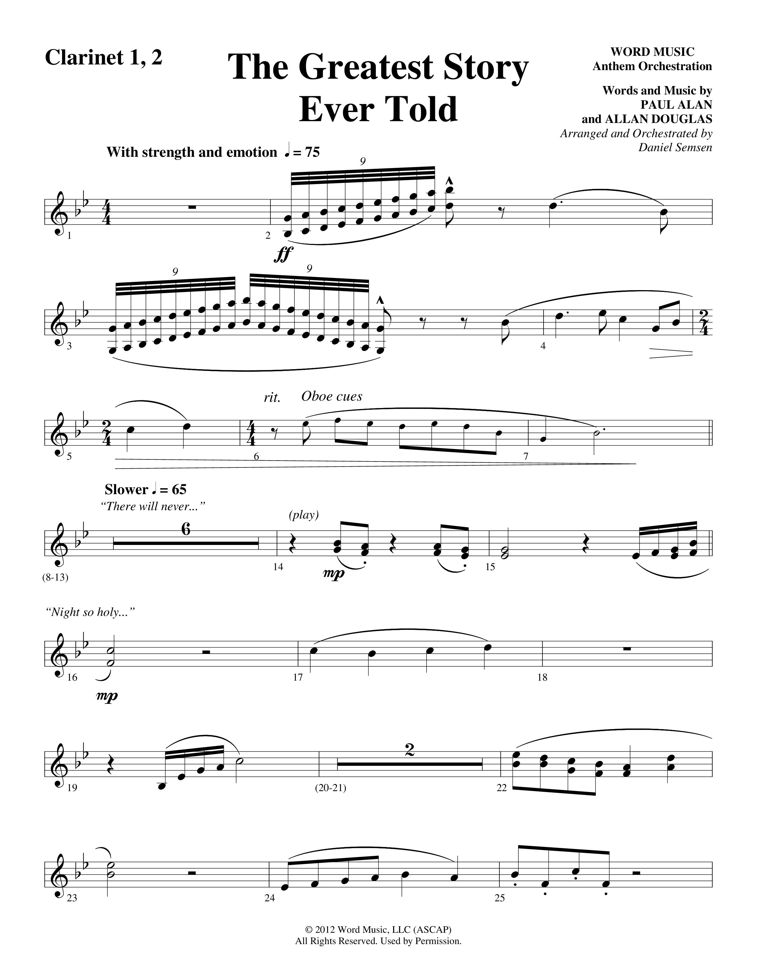 The Greatest Story Ever Told (Choral Anthem SATB) Clarinet 1/2 (Word Music Choral / Arr. Daniel Semsen)