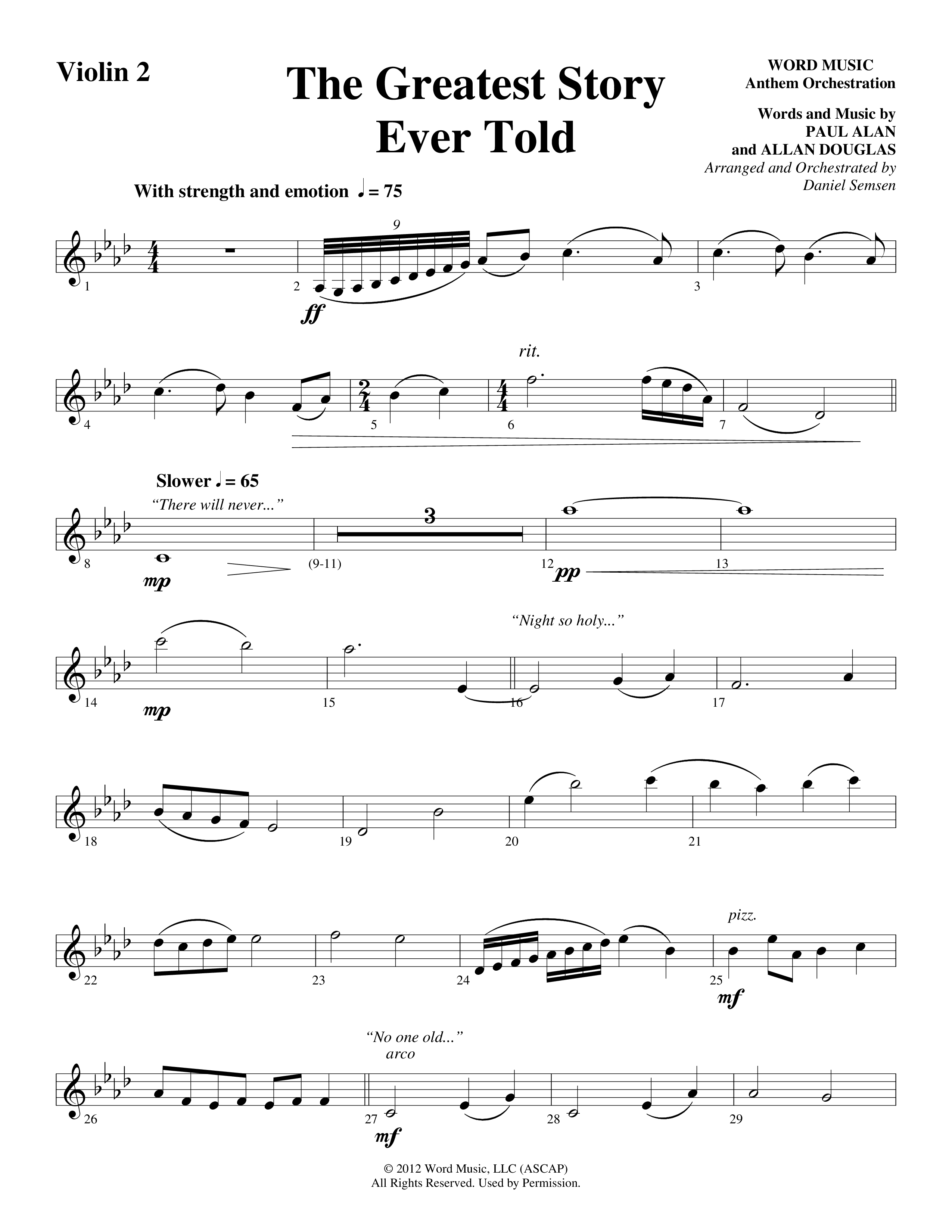 The Greatest Story Ever Told Violin 2 (Word Music Choral / Arr. Daniel Semsen)