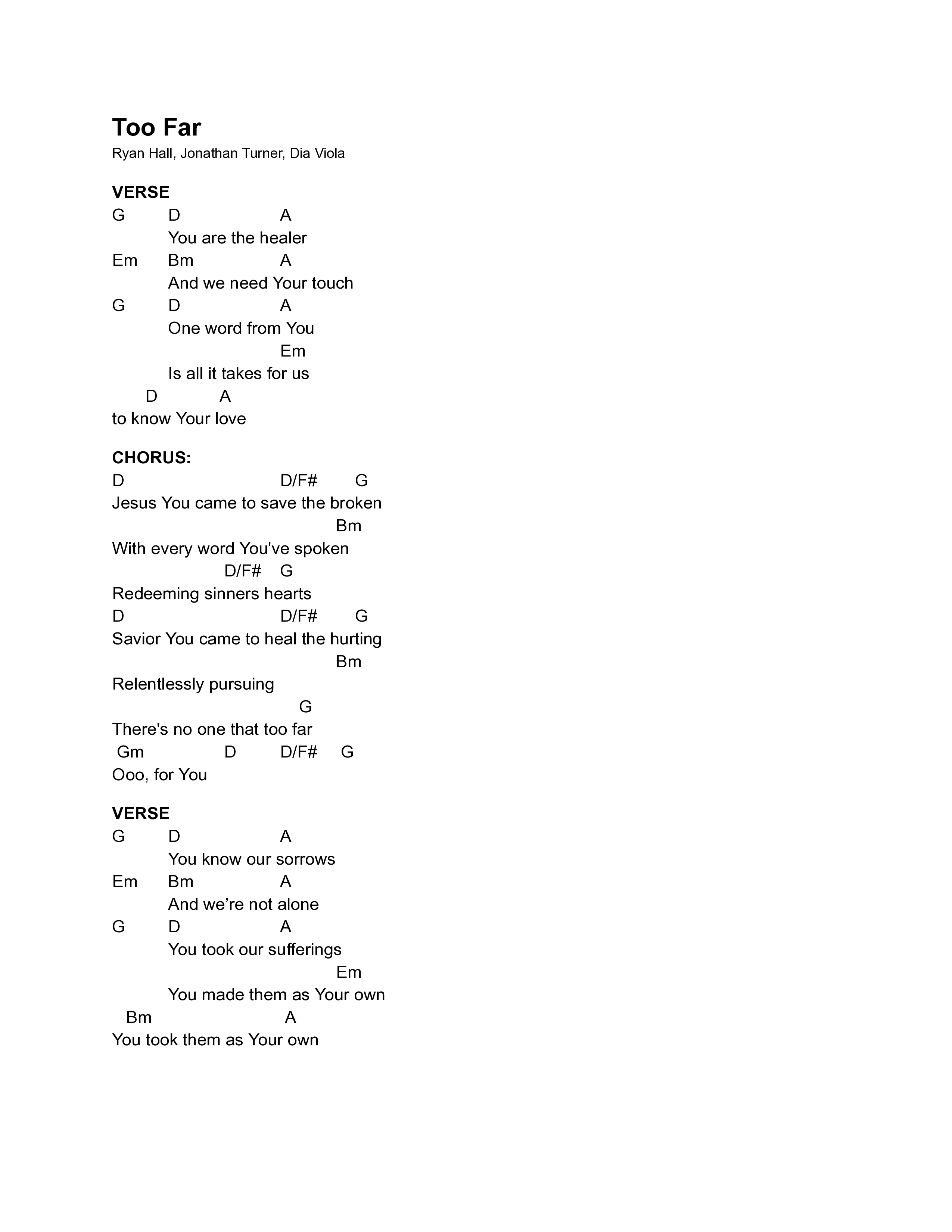 Too Far Chord Chart (Jonathan Turner)