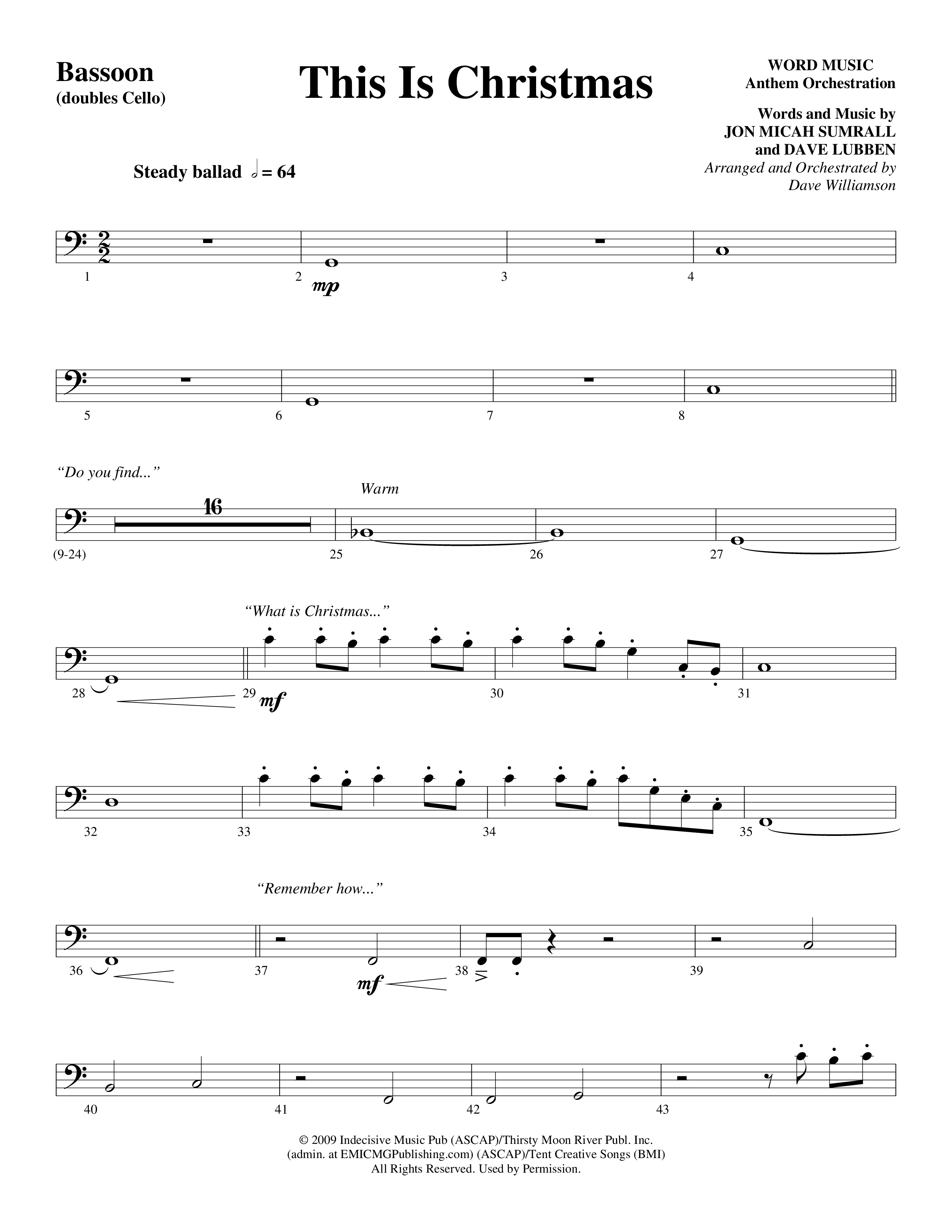 This Is Christmas (Choral Anthem SATB) Bassoon (Word Music Choral / Arr. Dave Williamson)