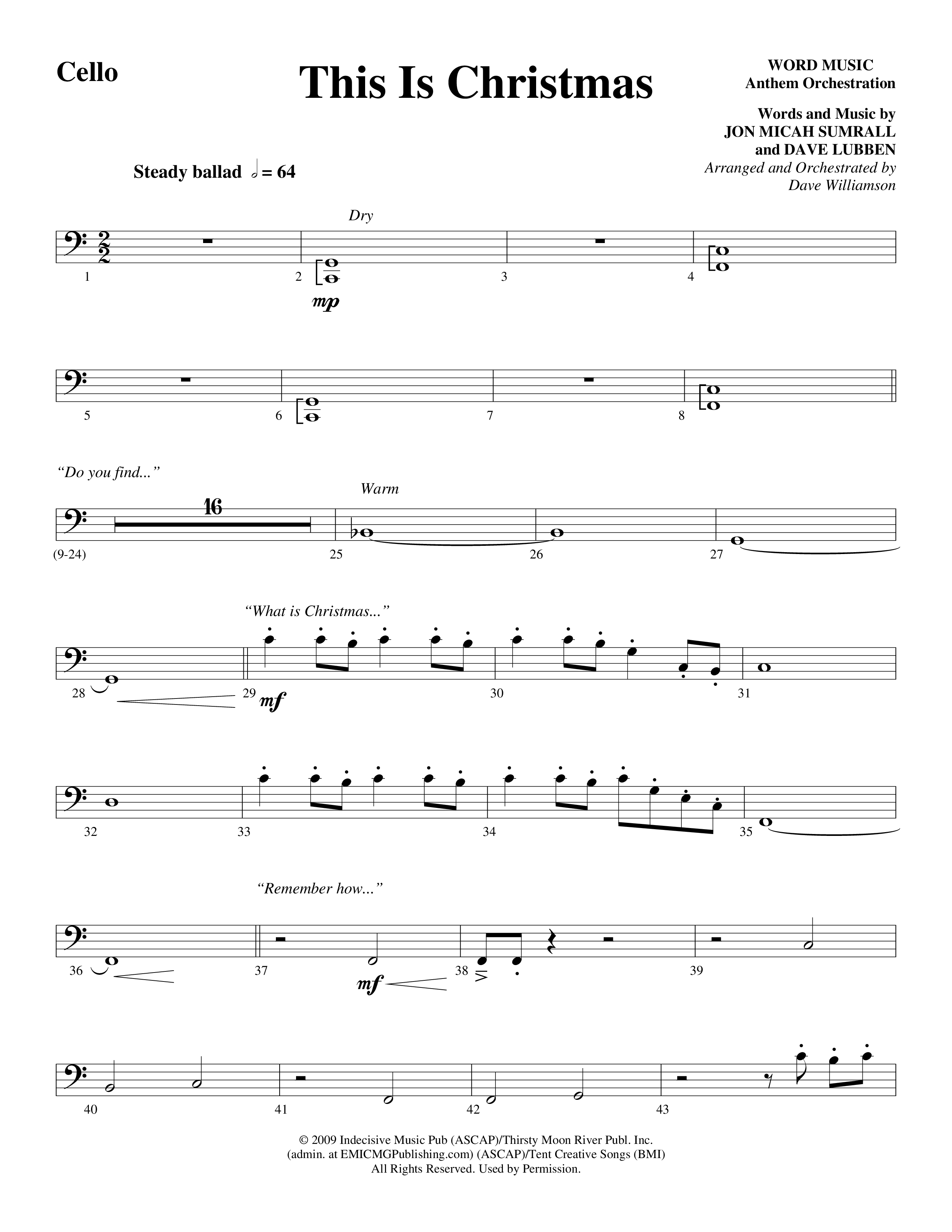 This Is Christmas (Choral Anthem SATB) Cello (Word Music Choral / Arr. Dave Williamson)