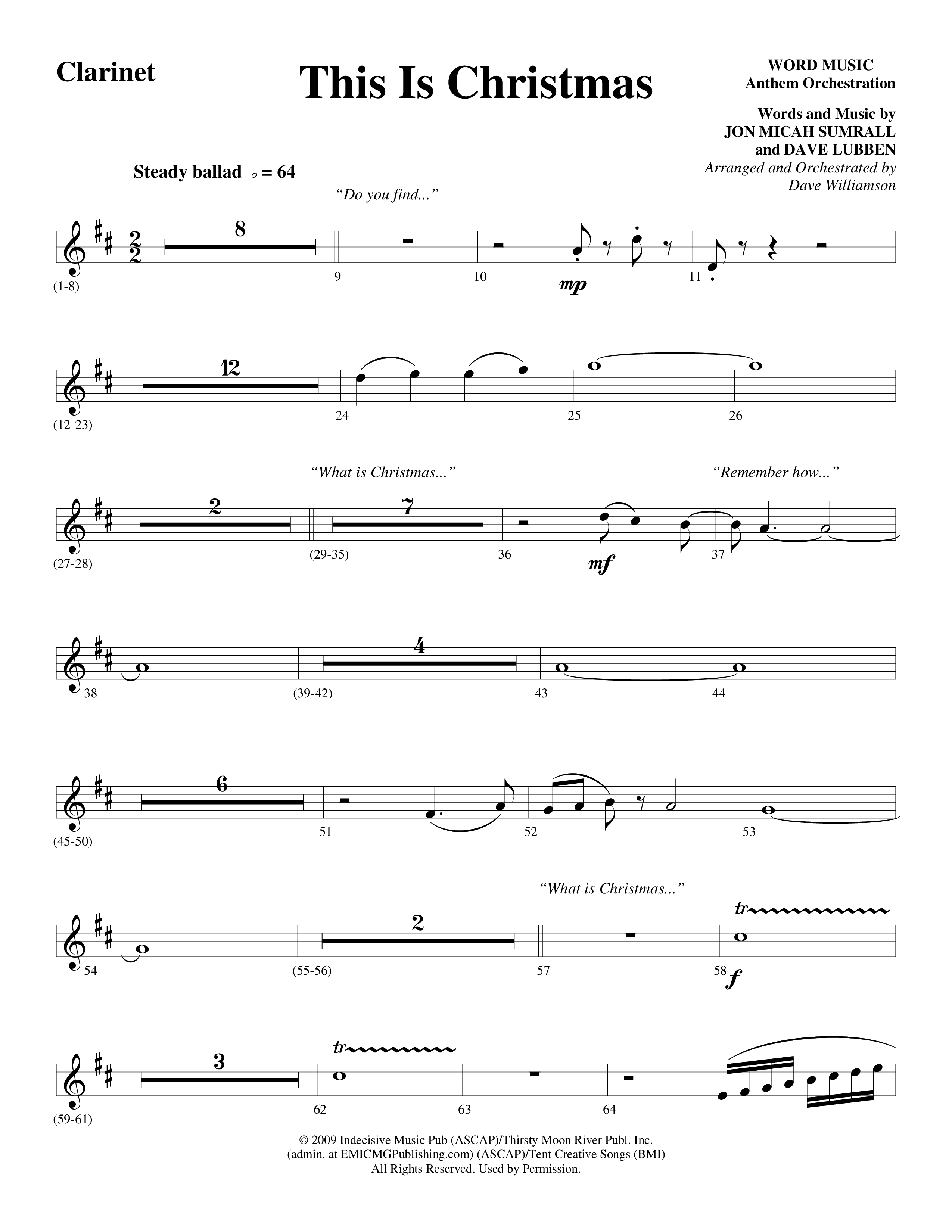 This Is Christmas (Choral Anthem SATB) Clarinet (Word Music Choral / Arr. Dave Williamson)