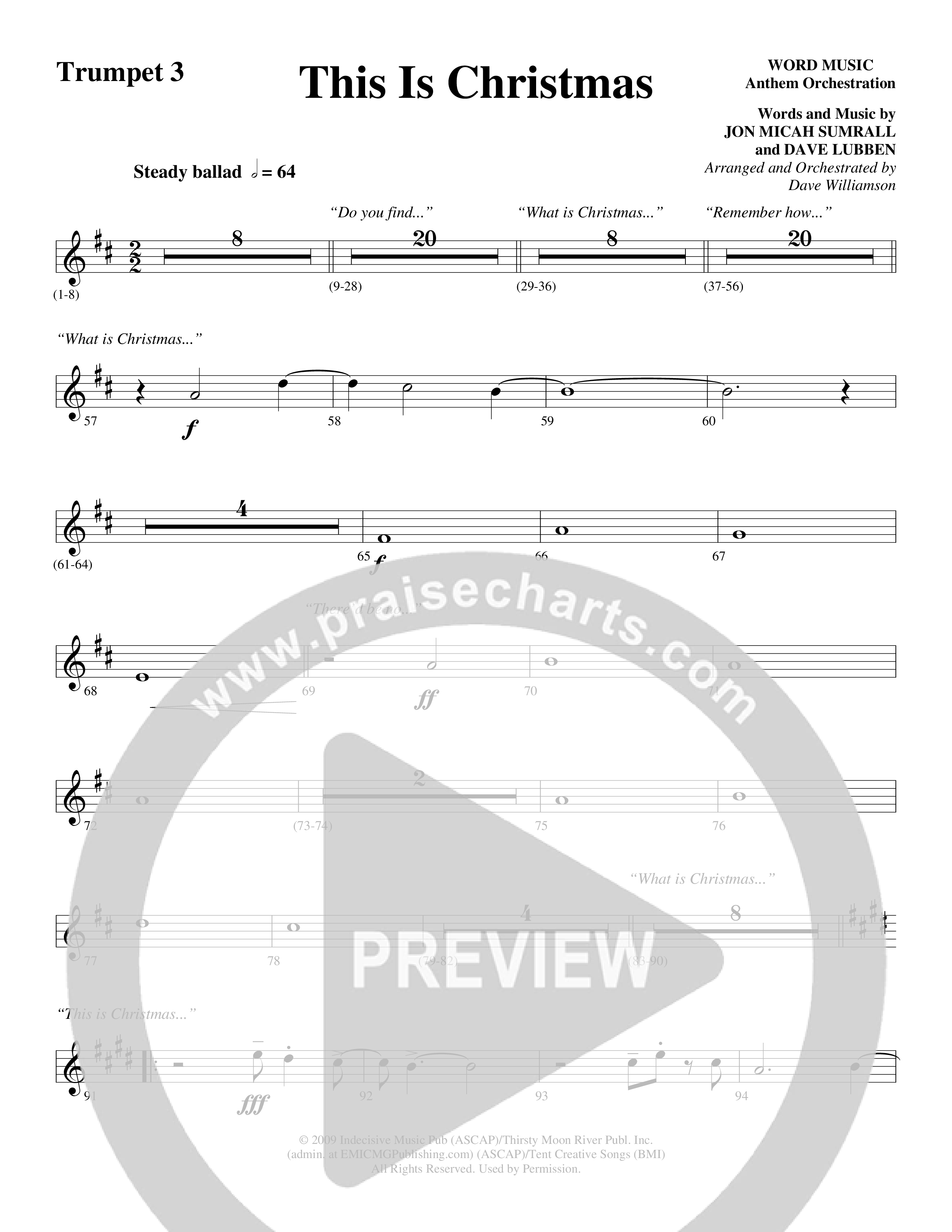 This Is Christmas (Choral Anthem SATB) Trumpet 3 (Word Music Choral / Arr. Dave Williamson)