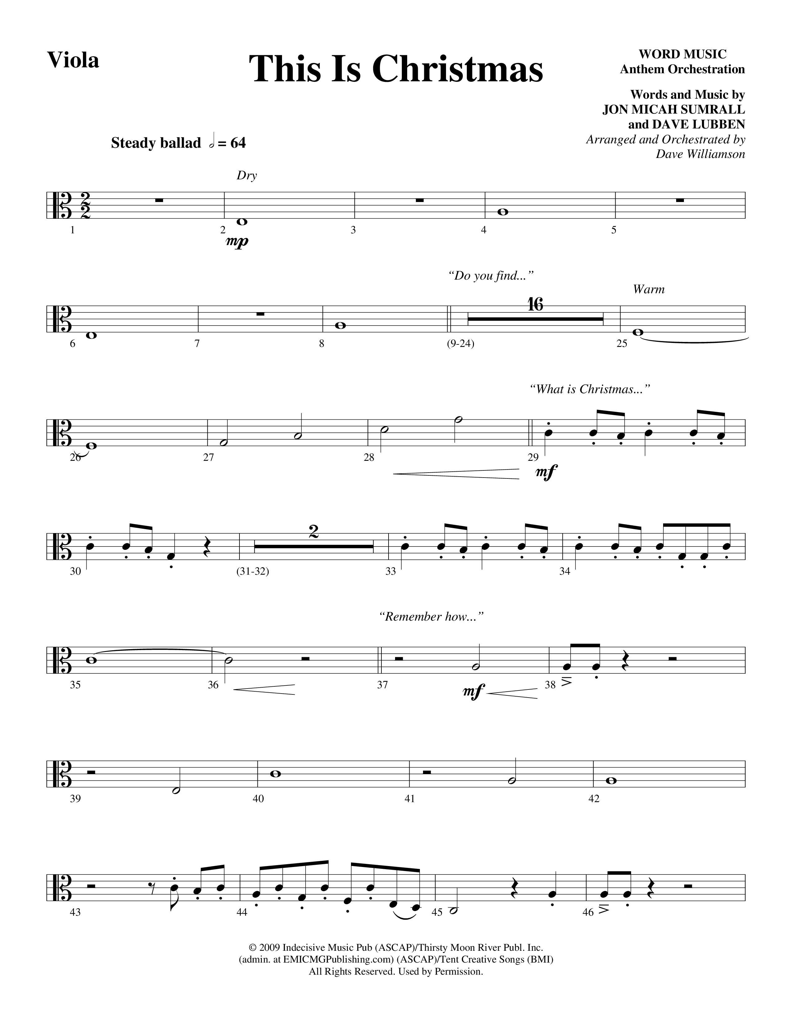 This Is Christmas (Choral Anthem SATB) Viola (Word Music Choral / Arr. Dave Williamson)