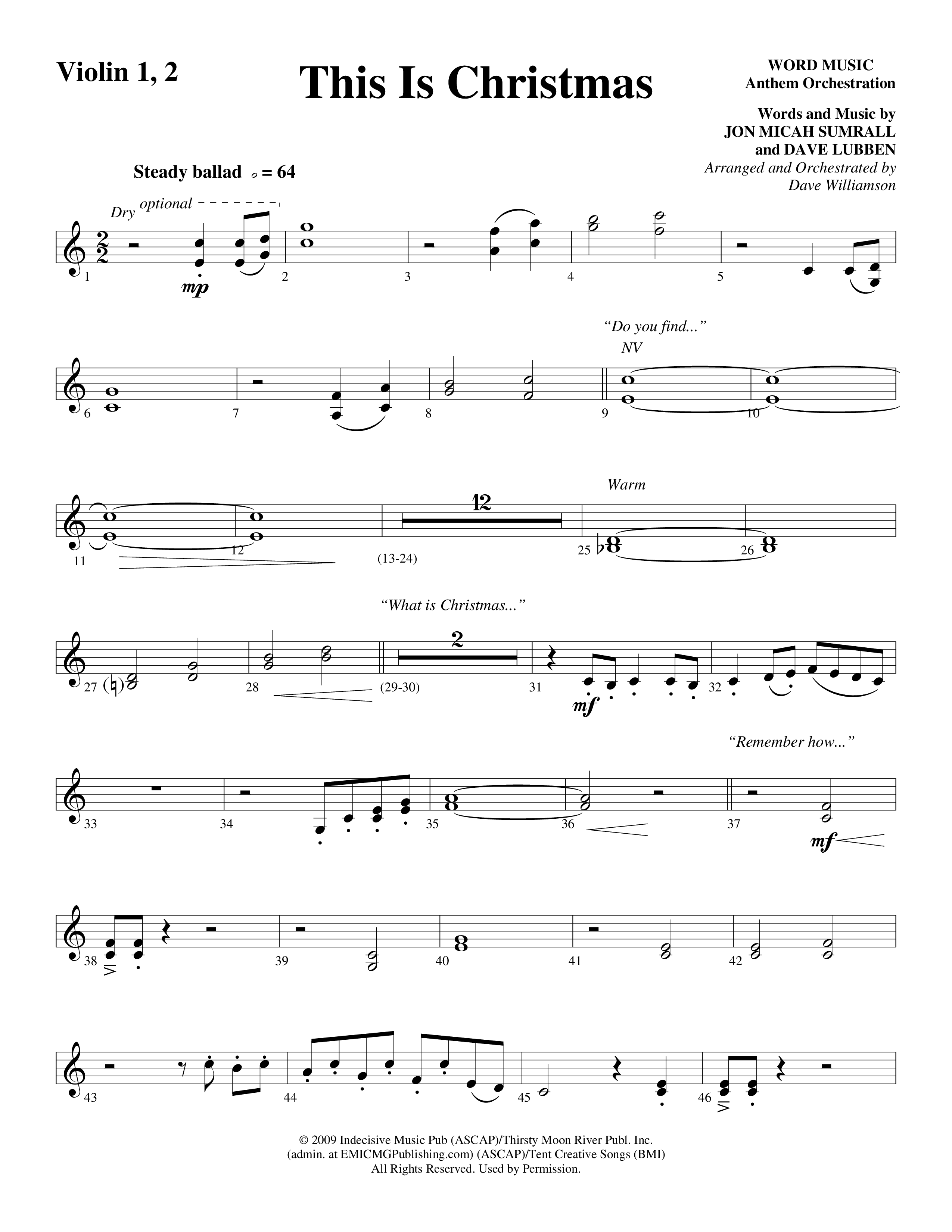This Is Christmas (Choral Anthem SATB) Violin 1/2 (Word Music Choral / Arr. Dave Williamson)