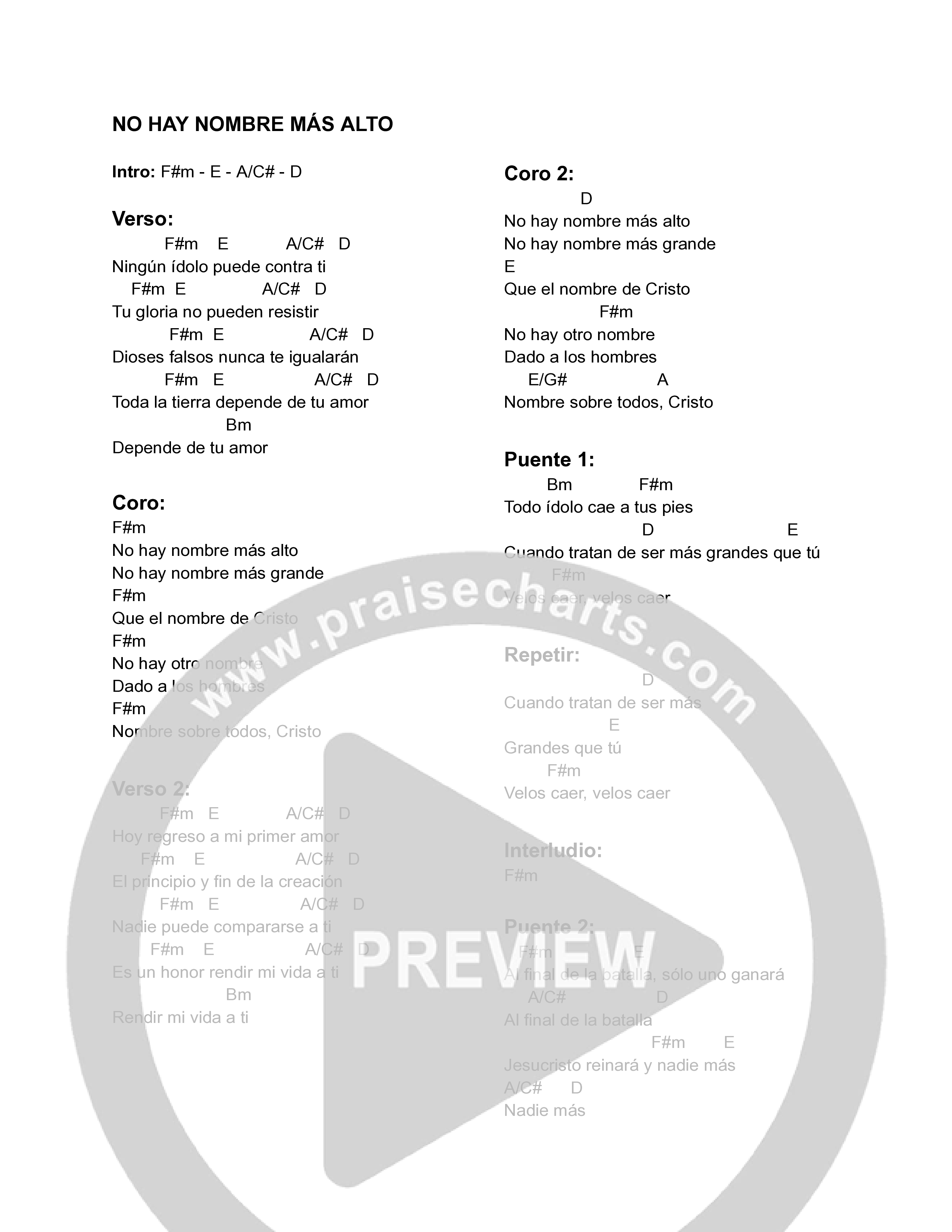 No Hay Nombre Mas Alto Chord Chart (North Palm Worship)