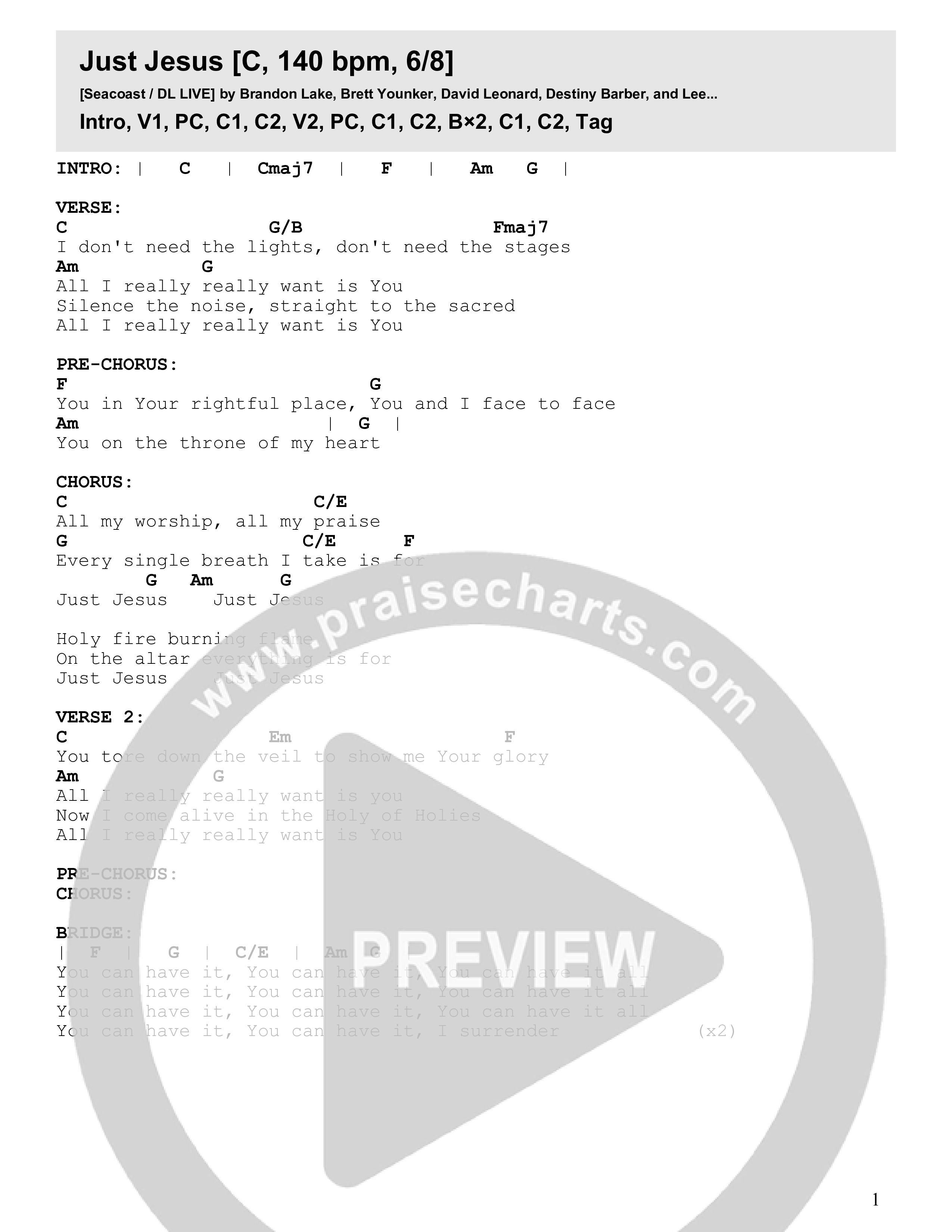 Just Jesus (Live) Chord Chart (Seacoast)