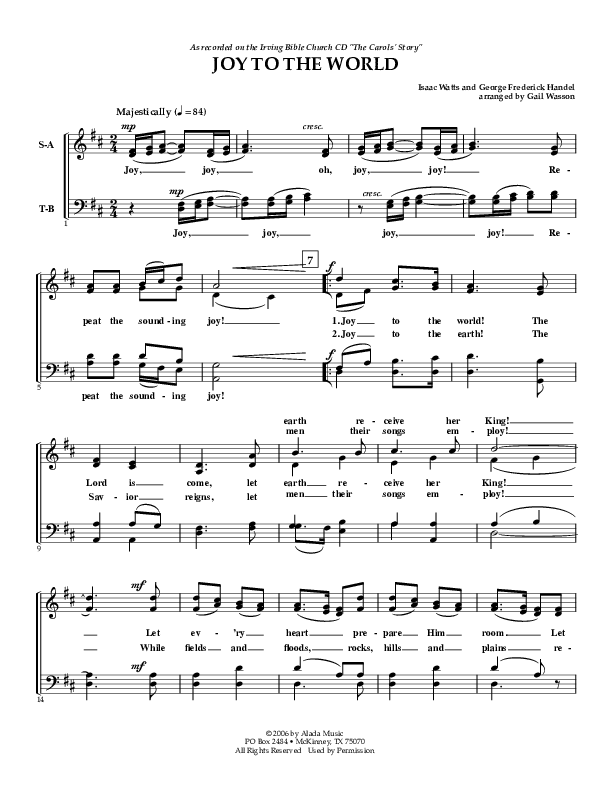 Joy To The World Lead Sheet (SAT) (Irving Bible Church Vox Humana Choir / Gail Wasson)