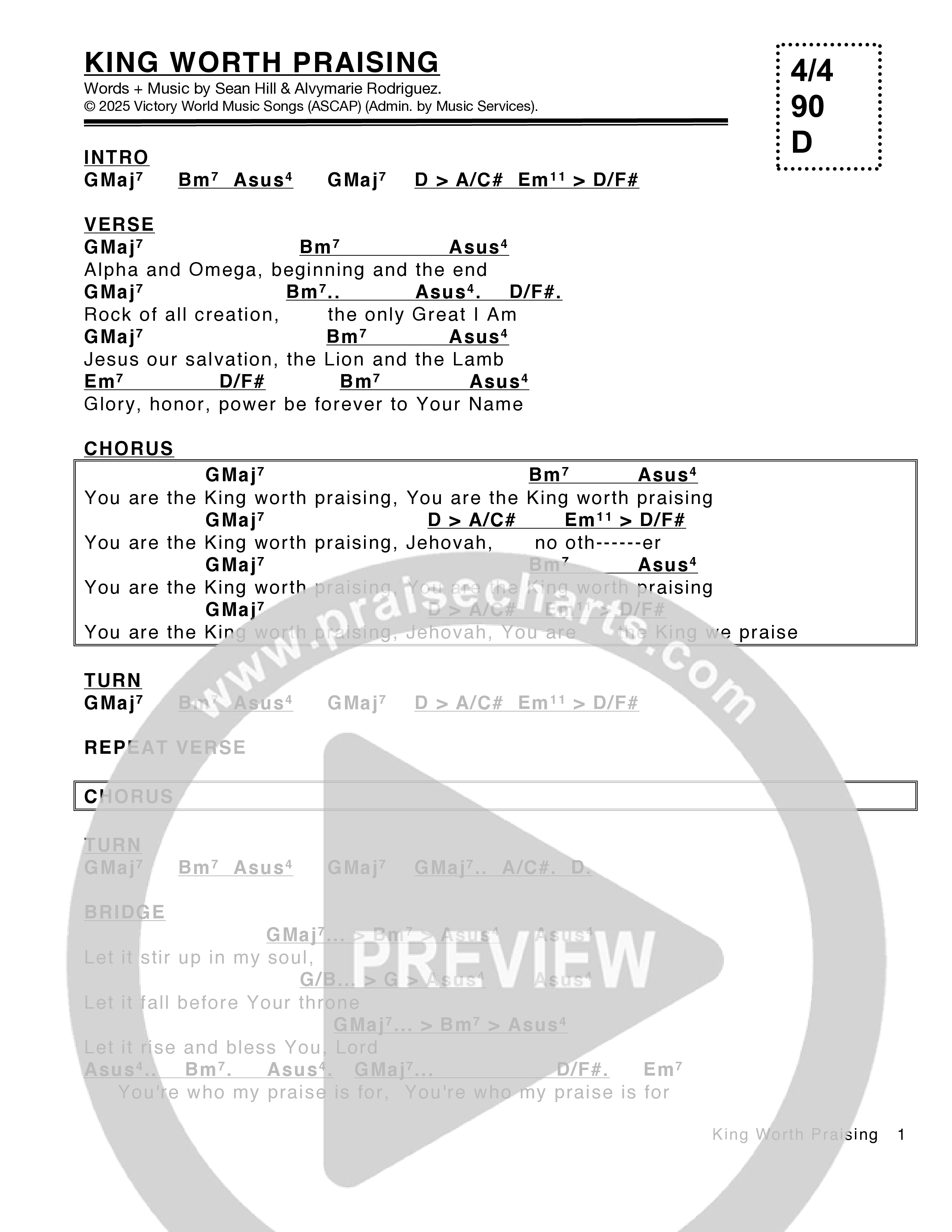 King Worth Praising Chord Chart (Victory House Worship)