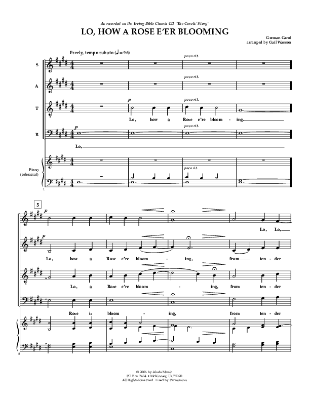 Lo How A Rose E'er Blooming Piano/Vocal (SATB) (Irving Bible Church Vox Humana Choir / Gail Wasson)