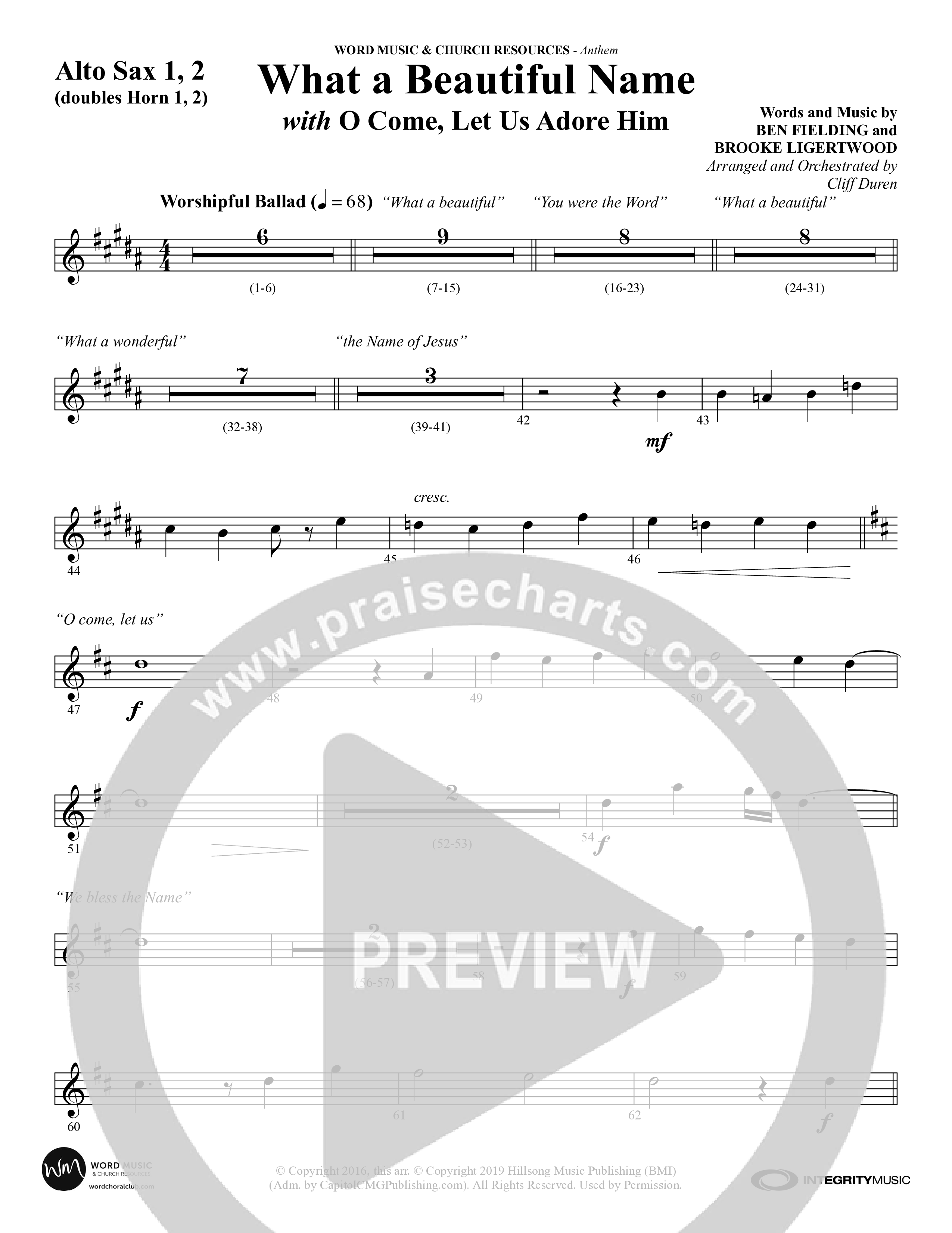 What A Beautiful Name (with O Come Let Us Adore Him) (Choral Anthem SATB) Alto Sax 1/2 (Word Music Choral / Arr. Cliff Duren)
