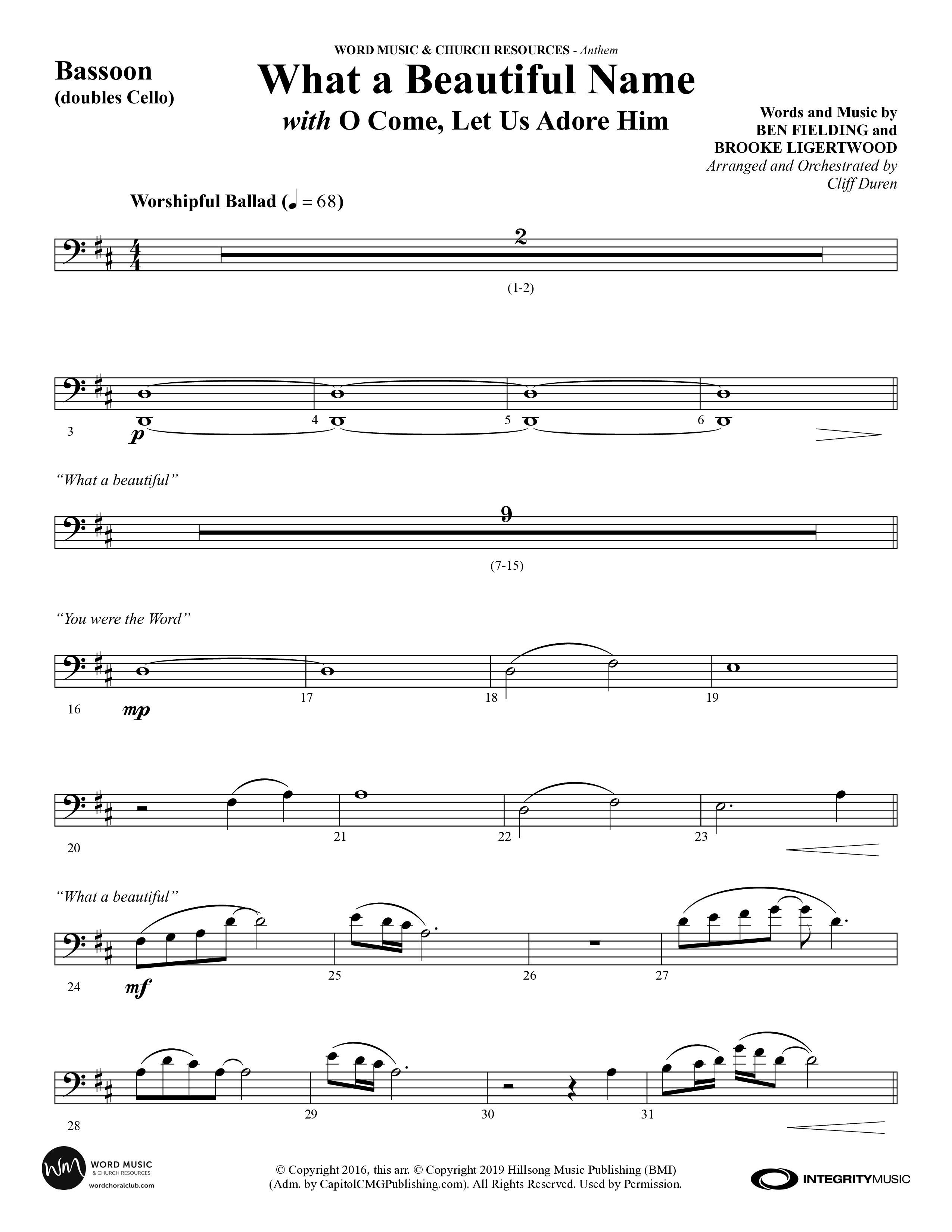 What A Beautiful Name (with O Come Let Us Adore Him) (Choral Anthem SATB) Bassoon (Word Music Choral / Arr. Cliff Duren)