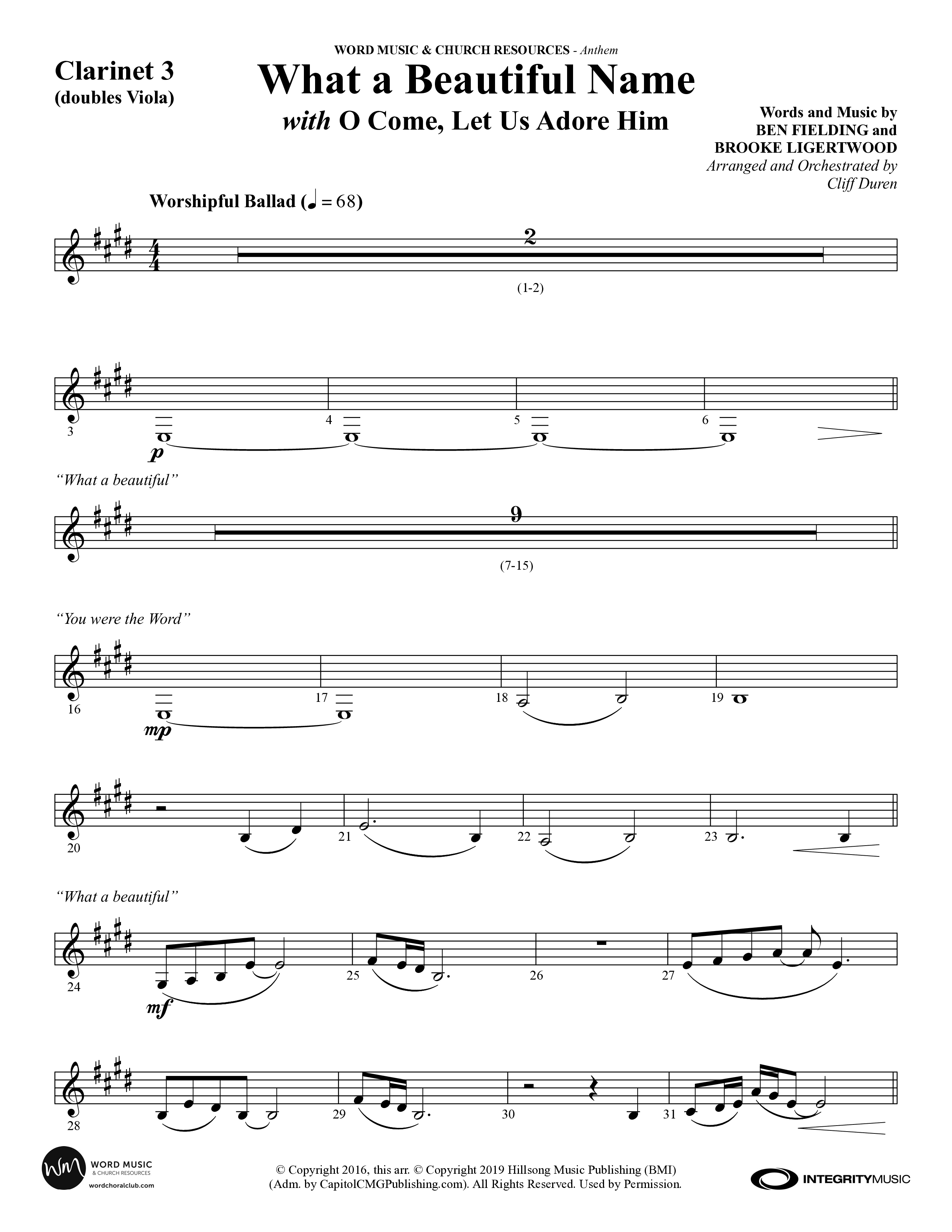 What A Beautiful Name (with O Come Let Us Adore Him) (Choral Anthem SATB) Clarinet 3 (Word Music Choral / Arr. Cliff Duren)
