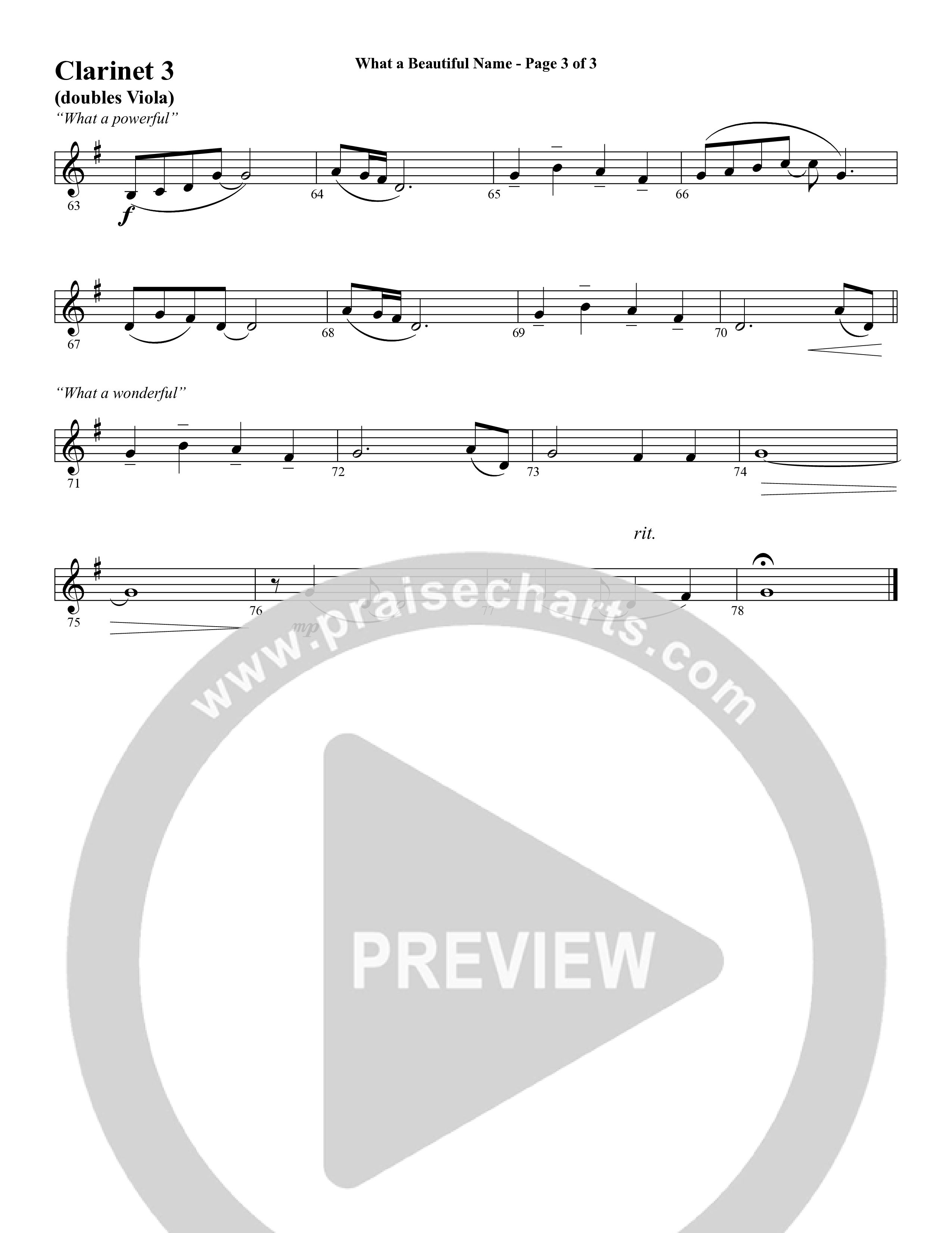 What A Beautiful Name (with O Come Let Us Adore Him) (Choral Anthem SATB) Clarinet 3 (Word Music Choral / Arr. Cliff Duren)