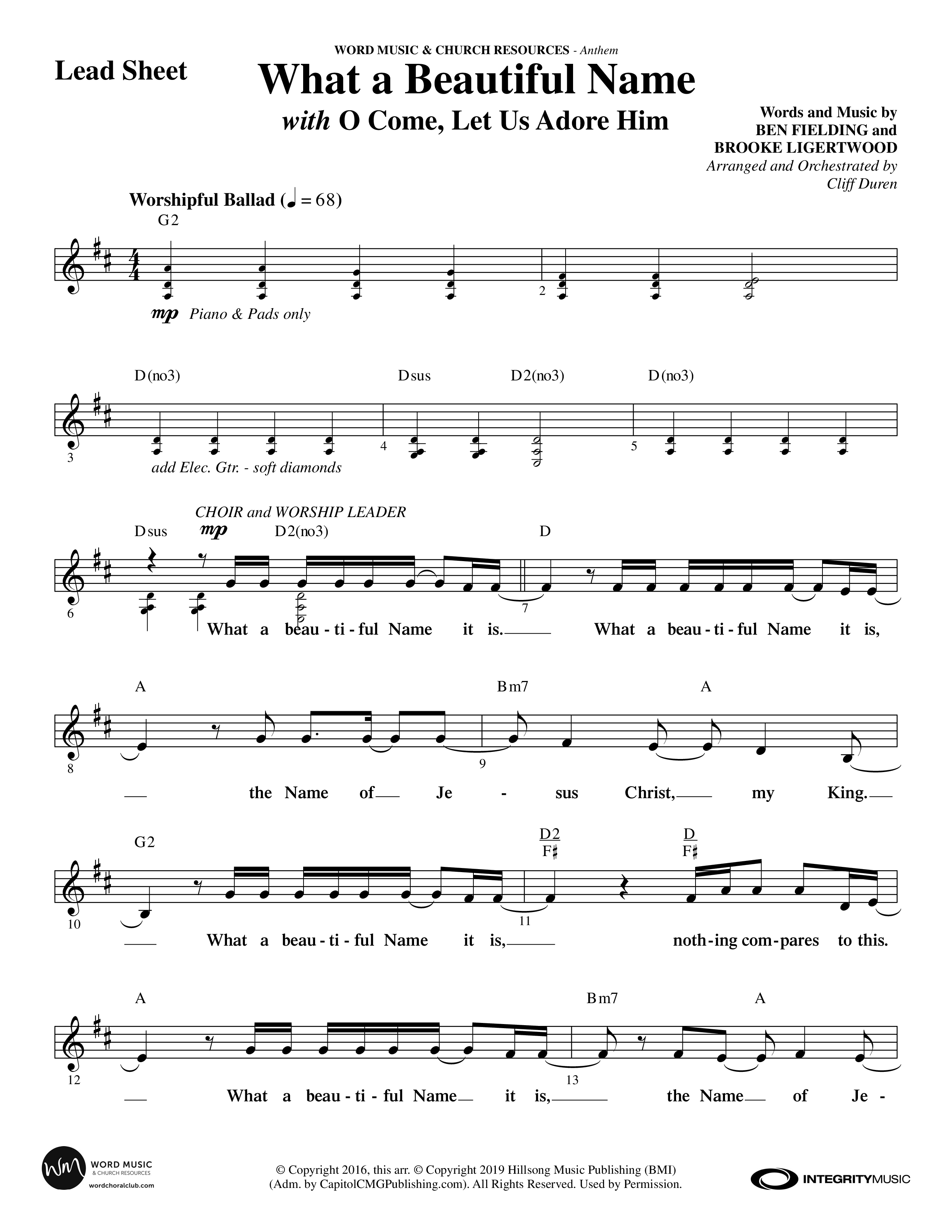 What A Beautiful Name (with O Come Let Us Adore Him) (Choral Anthem SATB) Lead Sheet (Melody) (Word Music Choral / Arr. Cliff Duren)