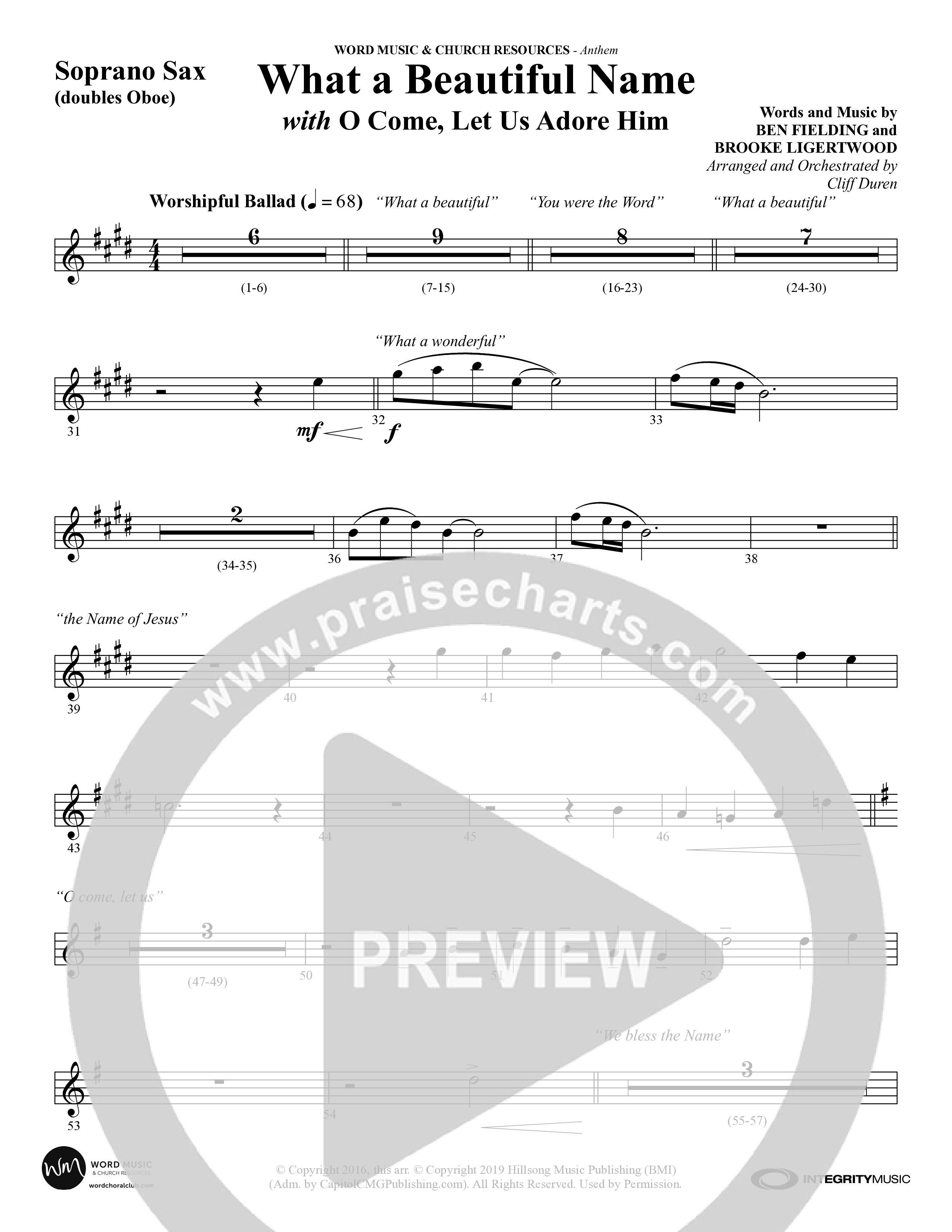 What A Beautiful Name (with O Come Let Us Adore Him) (Choral Anthem SATB) Soprano Sax (Word Music Choral / Arr. Cliff Duren)