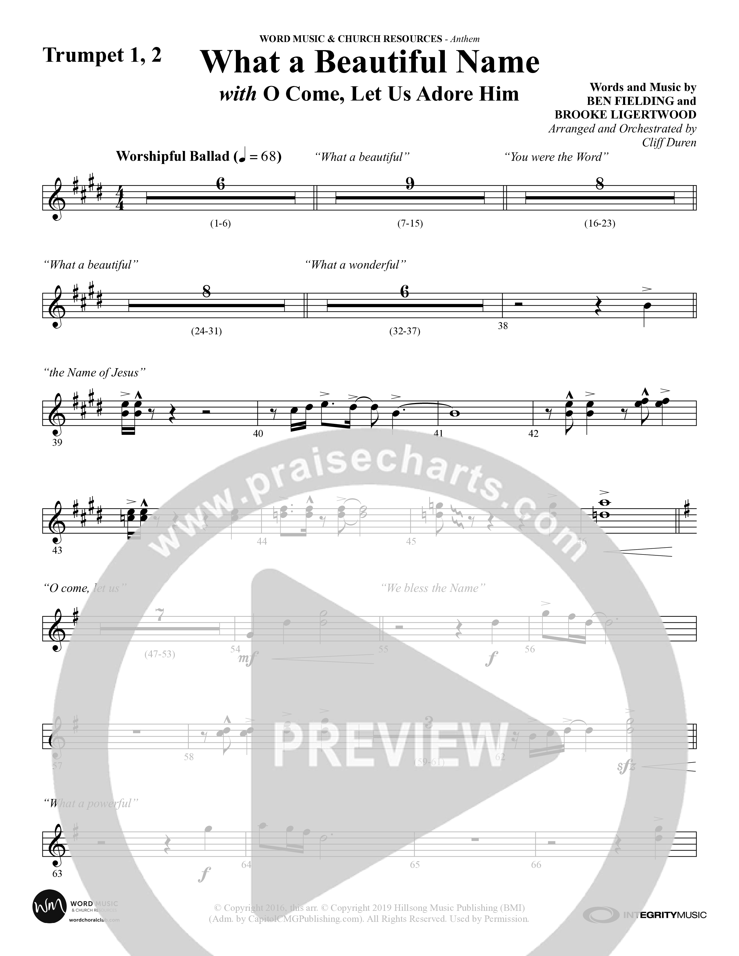 What A Beautiful Name (with O Come Let Us Adore Him) (Choral Anthem SATB) Trumpet 1,2 (Word Music Choral / Arr. Cliff Duren)