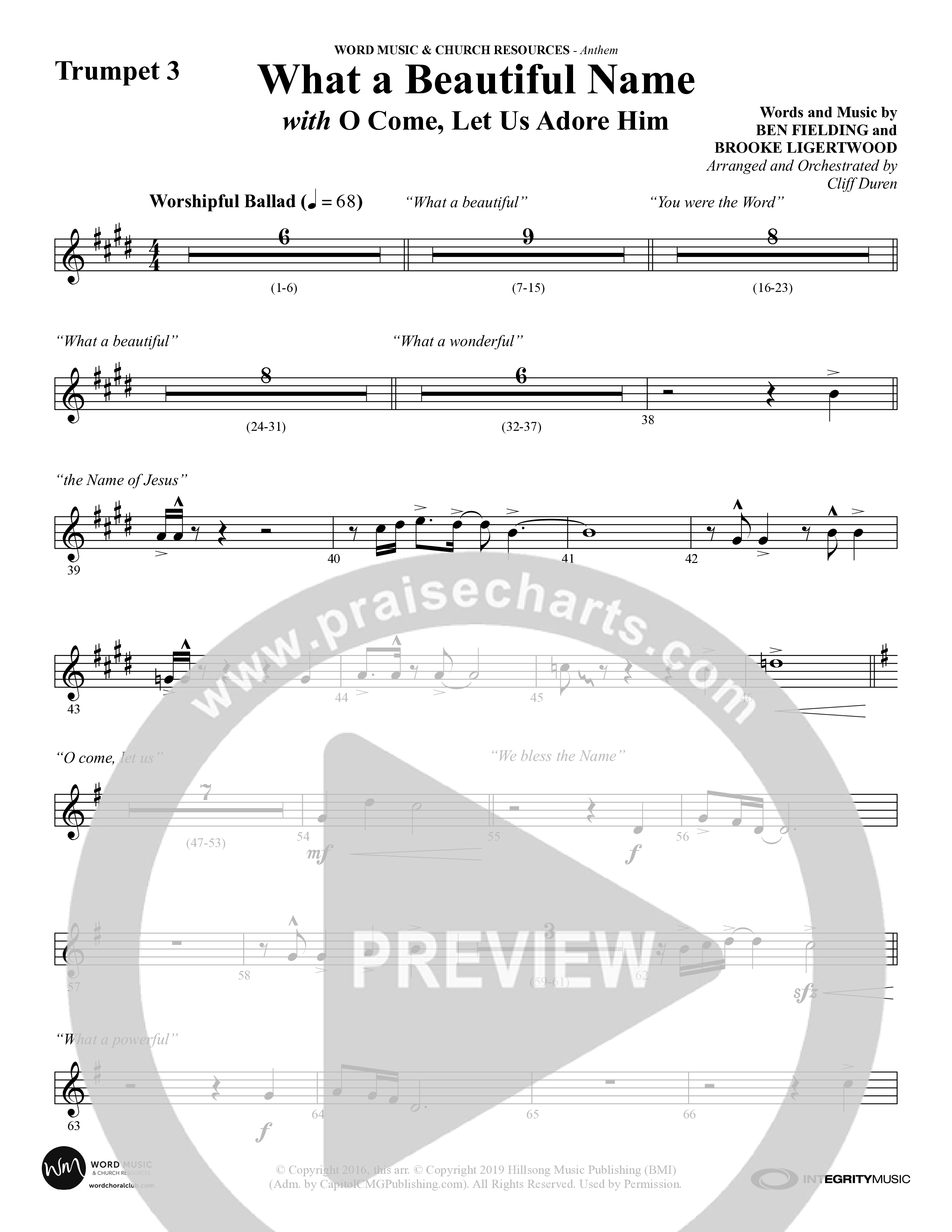 What A Beautiful Name (with O Come Let Us Adore Him) (Choral Anthem SATB) Trumpet 3 (Word Music Choral / Arr. Cliff Duren)