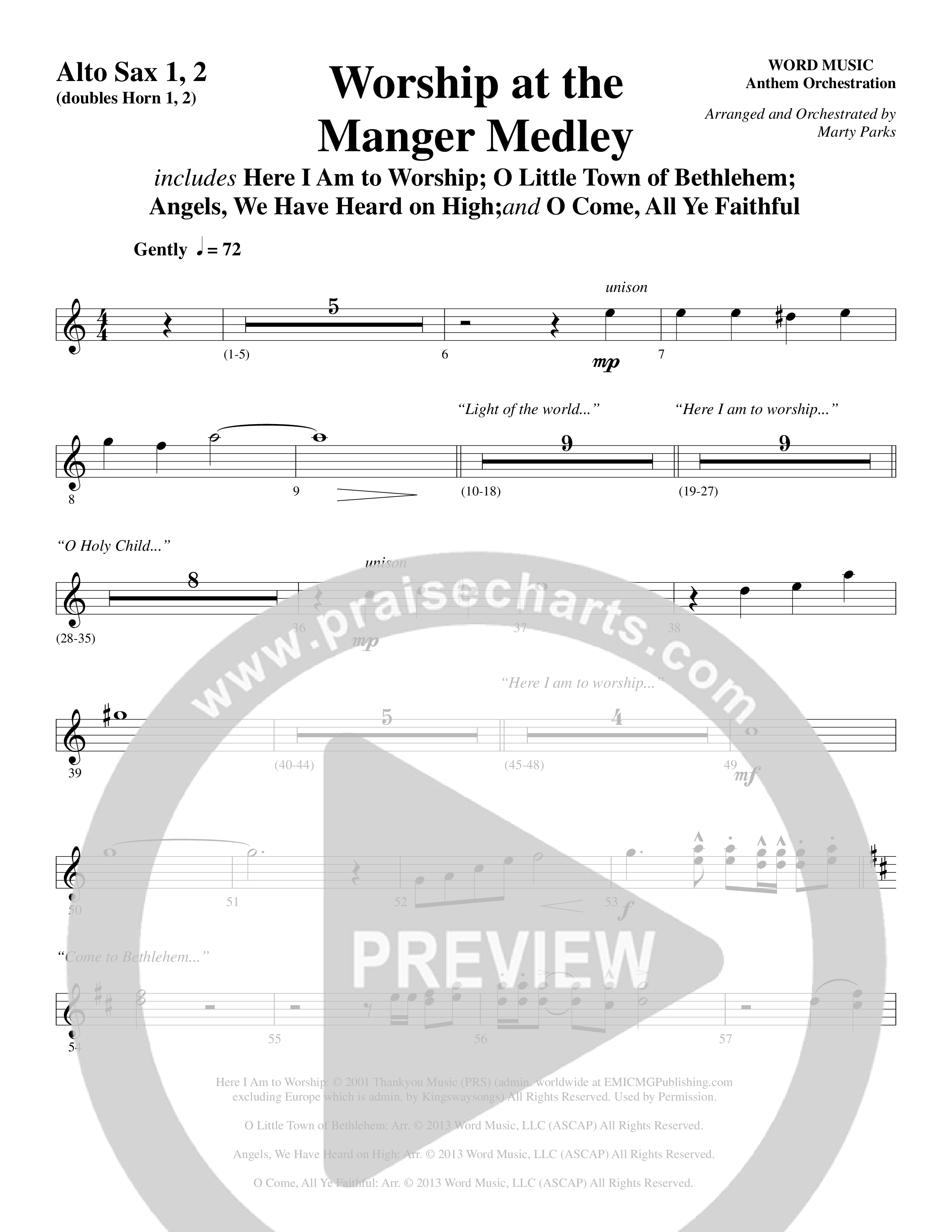 Worship At The Manger Medley (with Three Traditional Carols) (Choral Anthem SATB) Alto Sax 1/2 (Word Music Choral / Arr. Marty Parks)
