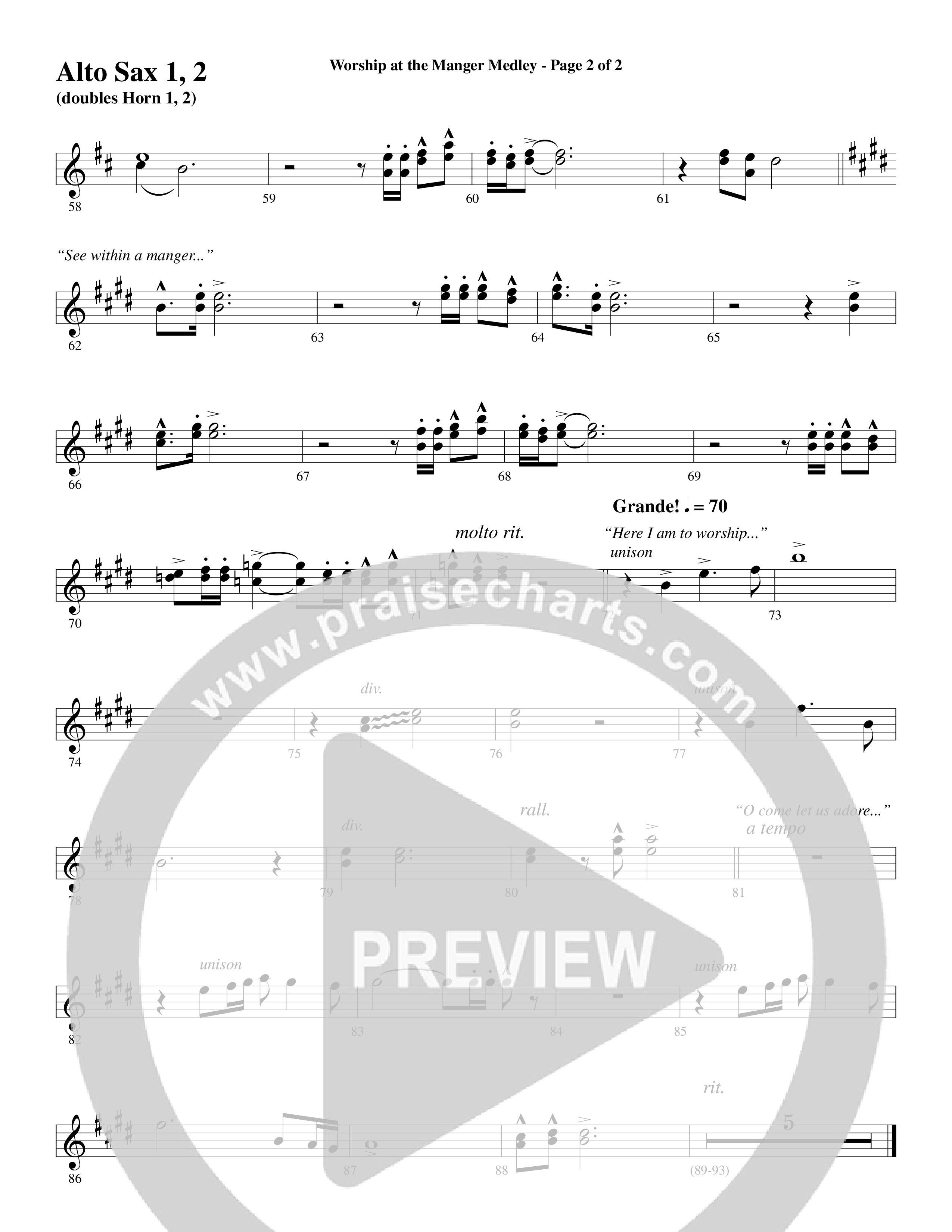 Worship At The Manger Medley (with Three Traditional Carols) (Choral Anthem SATB) Alto Sax 1/2 (Word Music Choral / Arr. Marty Parks)