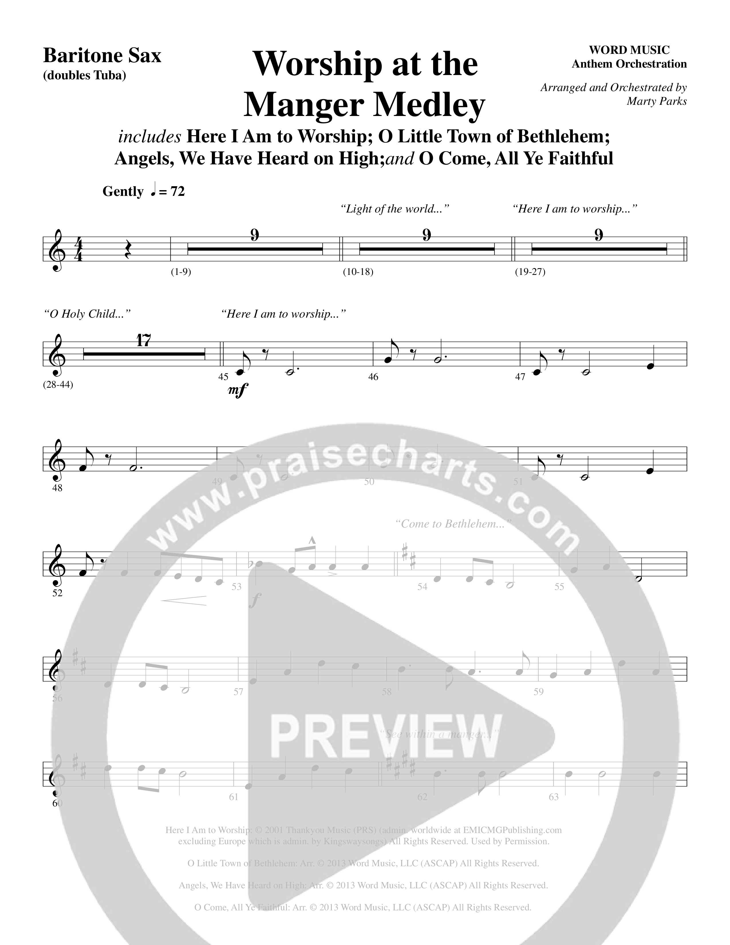 Worship At The Manger Medley (with Three Traditional Carols) (Choral Anthem SATB) Bari Sax (Word Music Choral / Arr. Marty Parks)
