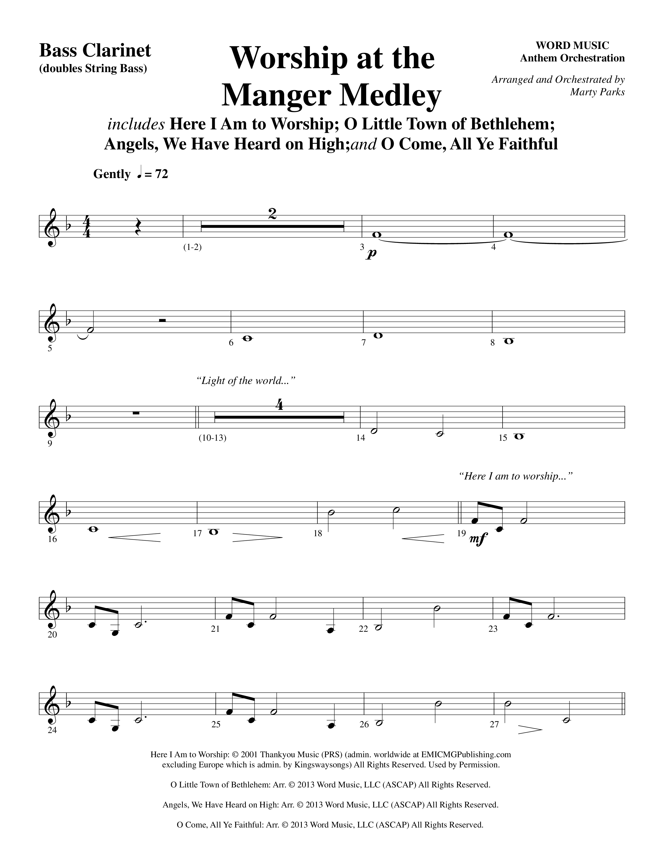 Worship At The Manger Medley (with Three Traditional Carols) (Choral Anthem SATB) Bass Clarinet (Word Music Choral / Arr. Marty Parks)