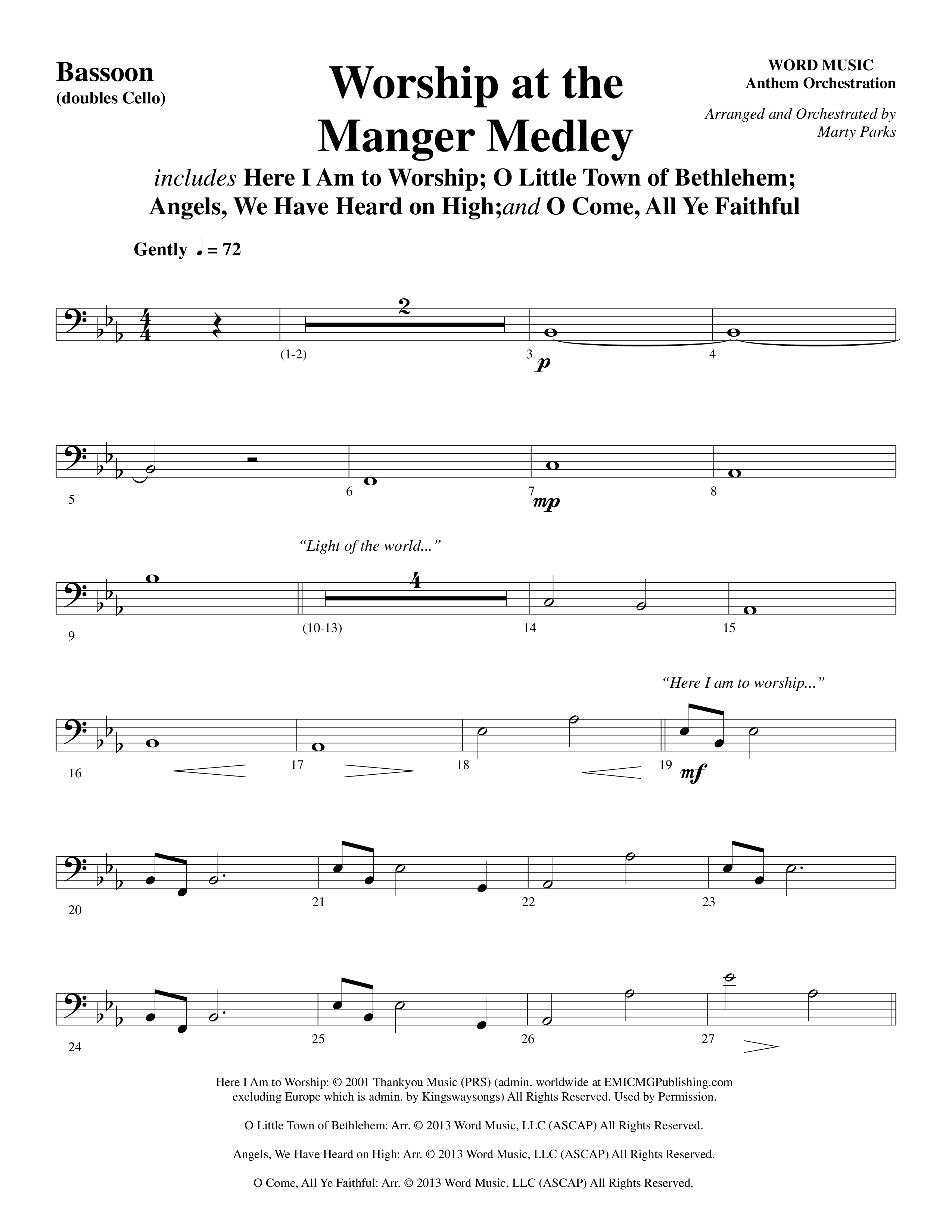 Worship At The Manger Medley (with Three Traditional Carols) (Choral Anthem SATB) Bassoon (Word Music Choral / Arr. Marty Parks)