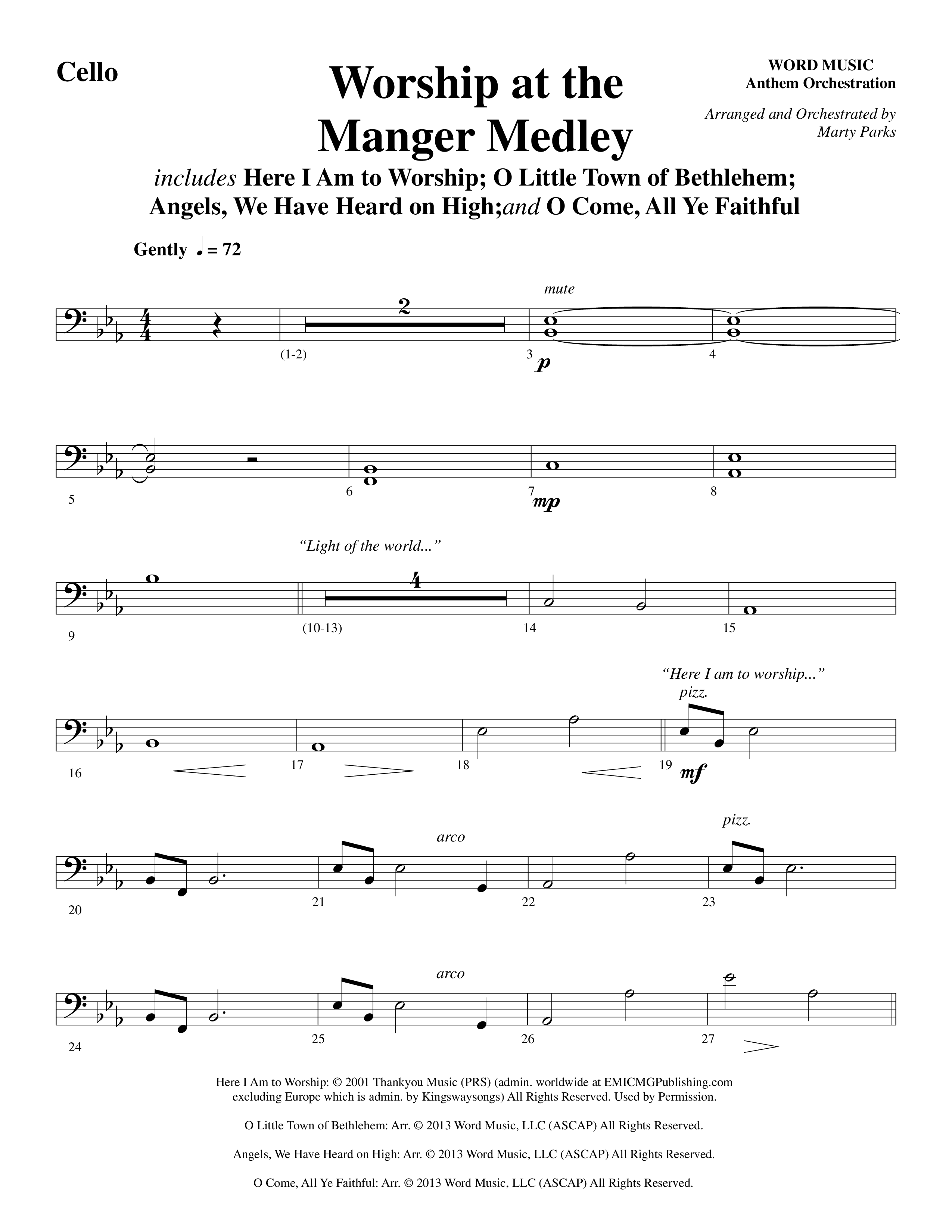 Worship At The Manger Medley (with Three Traditional Carols) (Choral Anthem SATB) Cello (Word Music Choral / Arr. Marty Parks)