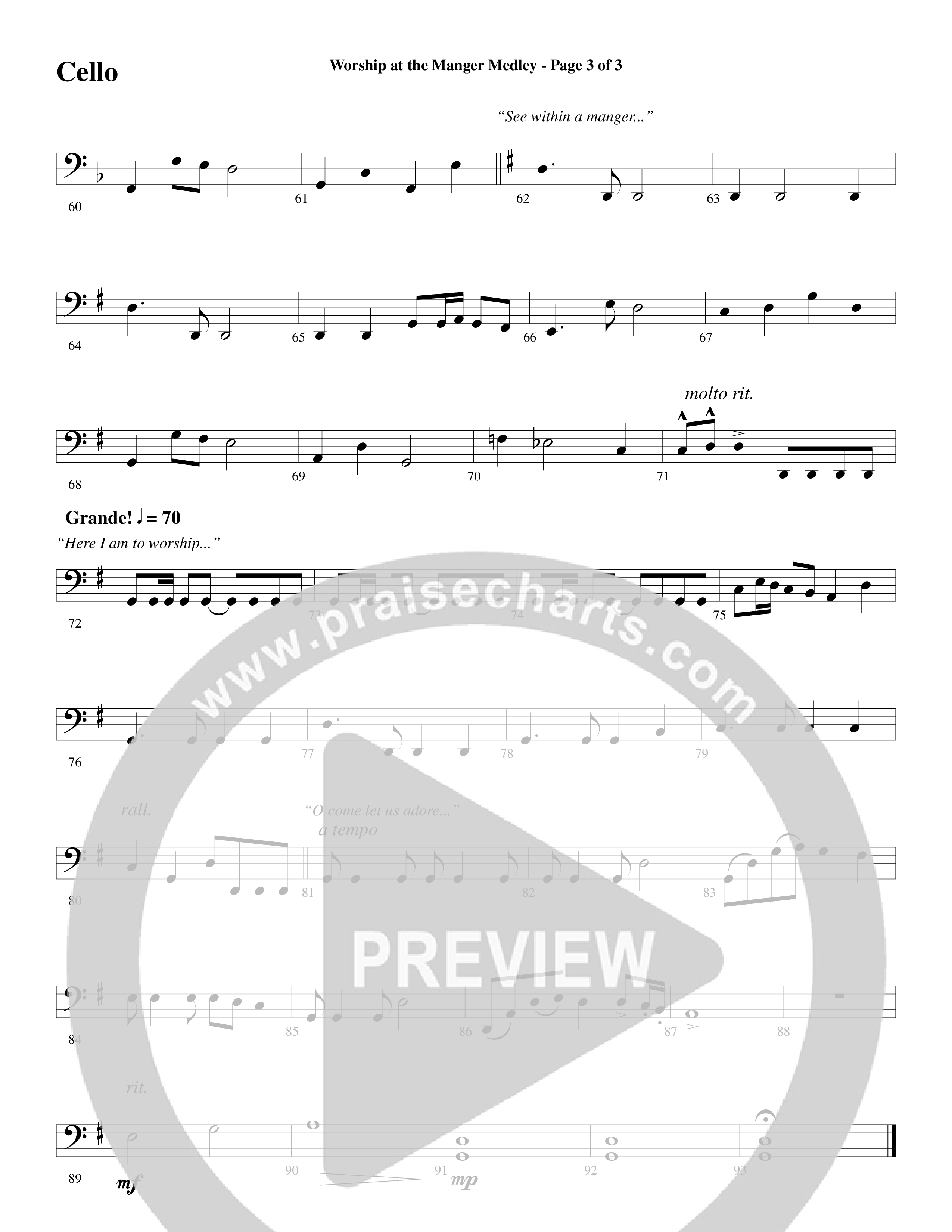 Worship At The Manger Medley (with Three Traditional Carols) (Choral Anthem SATB) Cello (Word Music Choral / Arr. Marty Parks)
