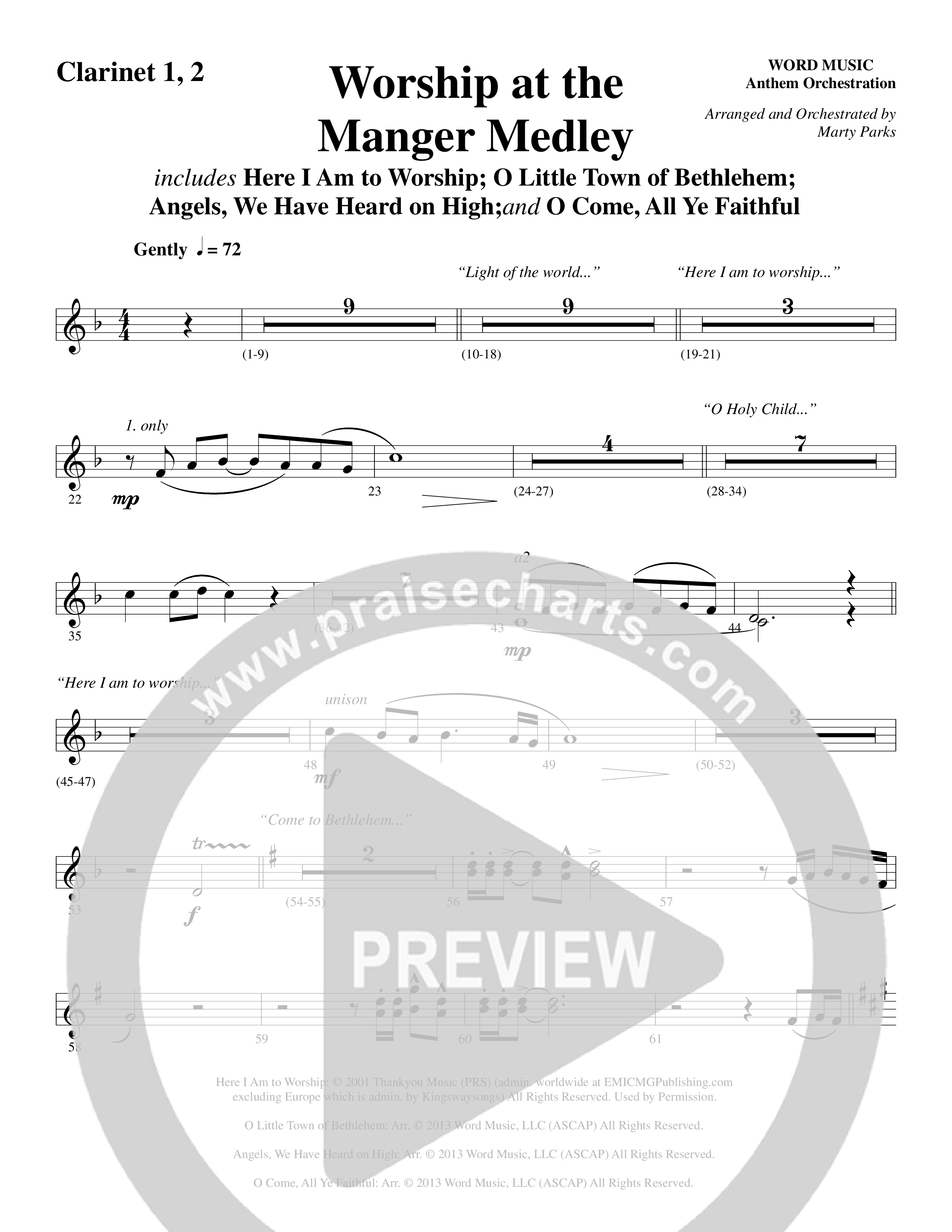 Worship At The Manger Medley (with Three Traditional Carols) (Choral Anthem SATB) Clarinet 1/2 (Word Music Choral / Arr. Marty Parks)