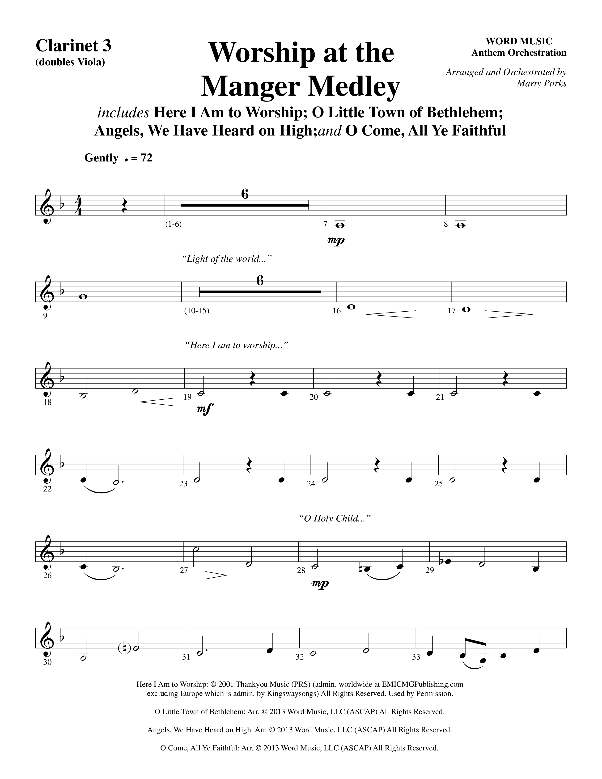 Worship At The Manger Medley (with Three Traditional Carols) (Choral Anthem SATB) Clarinet 3 (Word Music Choral / Arr. Marty Parks)
