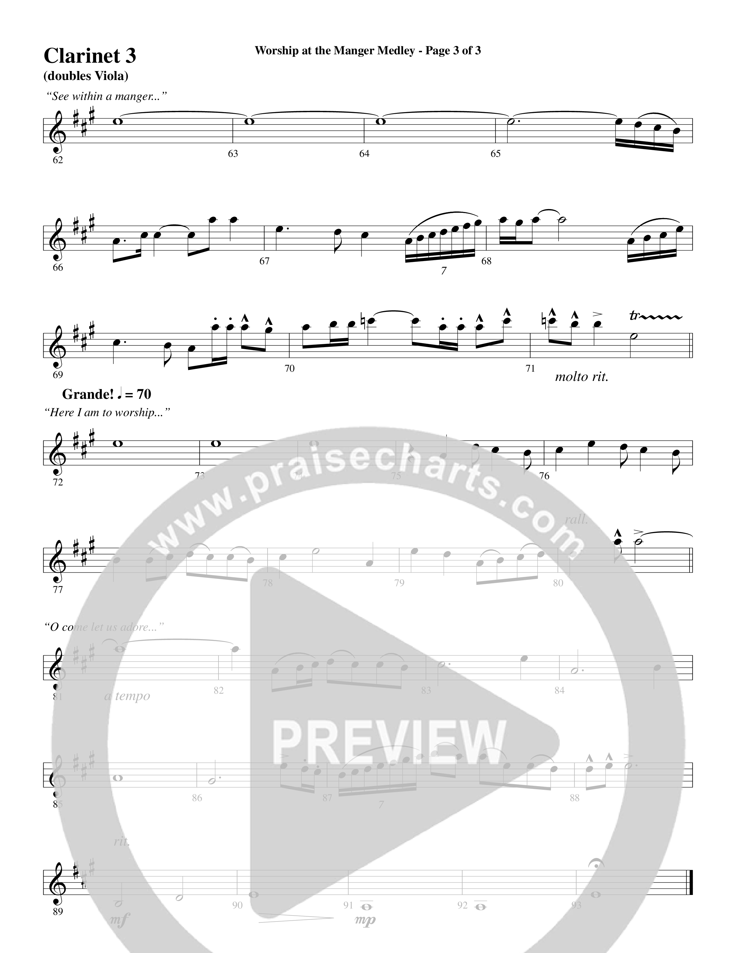 Worship At The Manger Medley (with Three Traditional Carols) (Choral Anthem SATB) Clarinet 3 (Word Music Choral / Arr. Marty Parks)