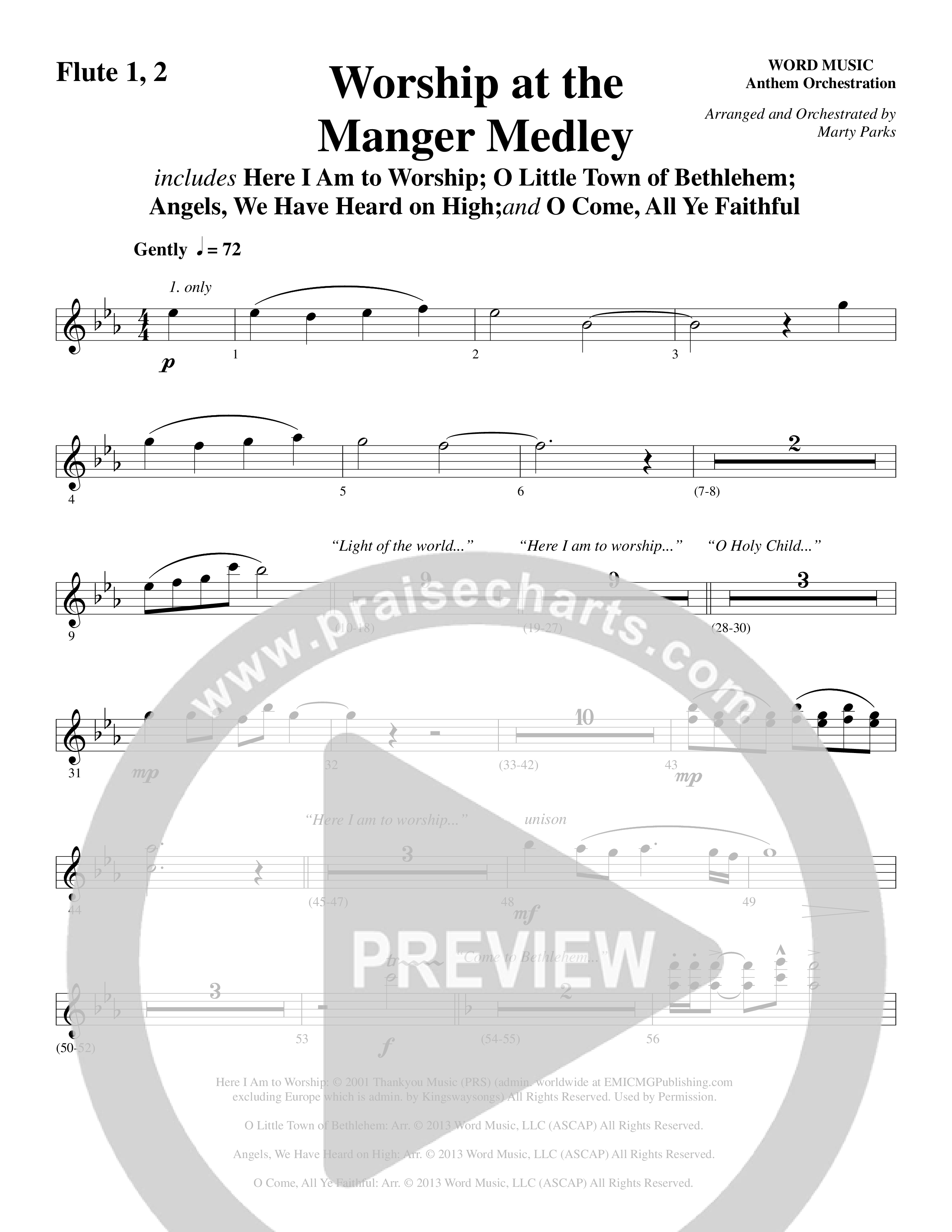 Worship At The Manger Medley (with Three Traditional Carols) (Choral Anthem SATB) Flute 1/2 (Word Music Choral / Arr. Marty Parks)