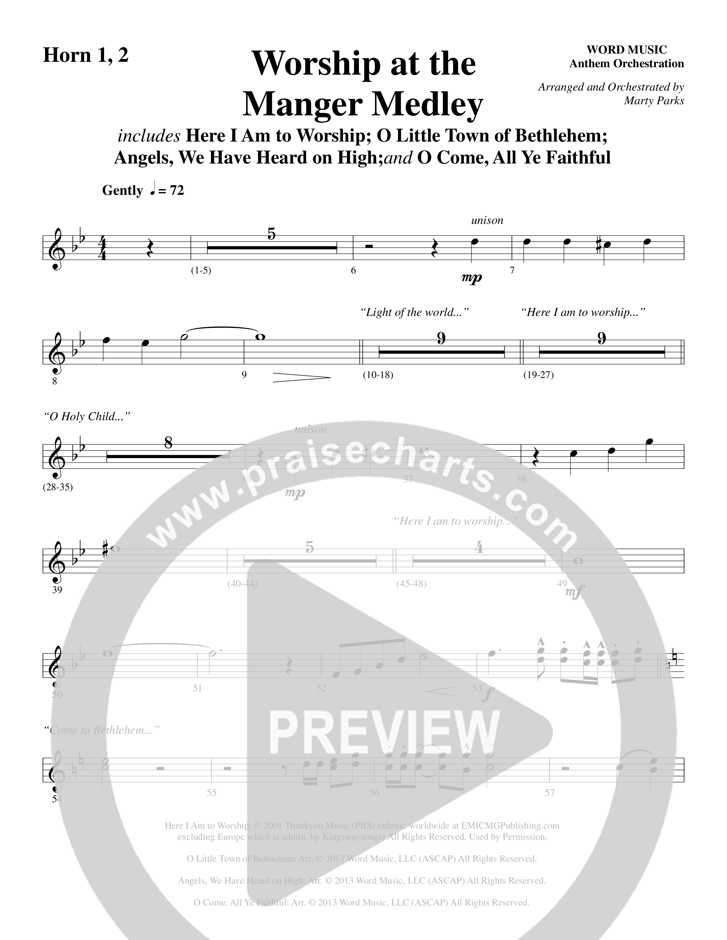 Worship At The Manger Medley (with Three Traditional Carols) (Choral Anthem SATB) French Horn 1/2 (Word Music Choral / Arr. Marty Parks)