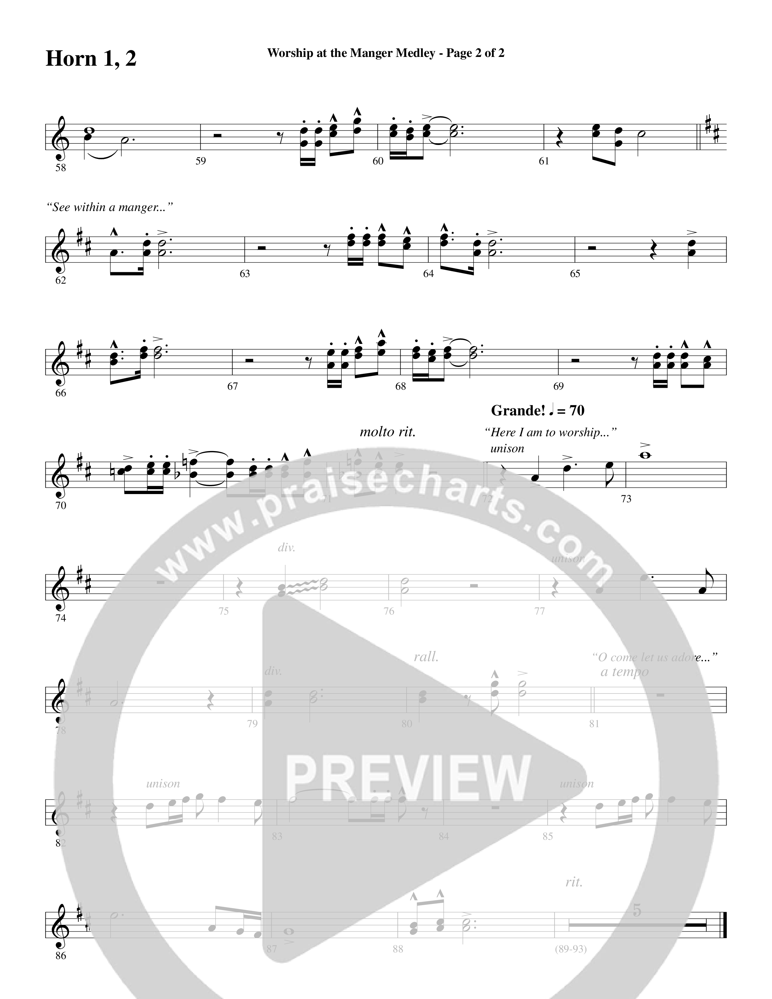 Worship At The Manger Medley (with Three Traditional Carols) (Choral Anthem SATB) French Horn 1/2 (Word Music Choral / Arr. Marty Parks)