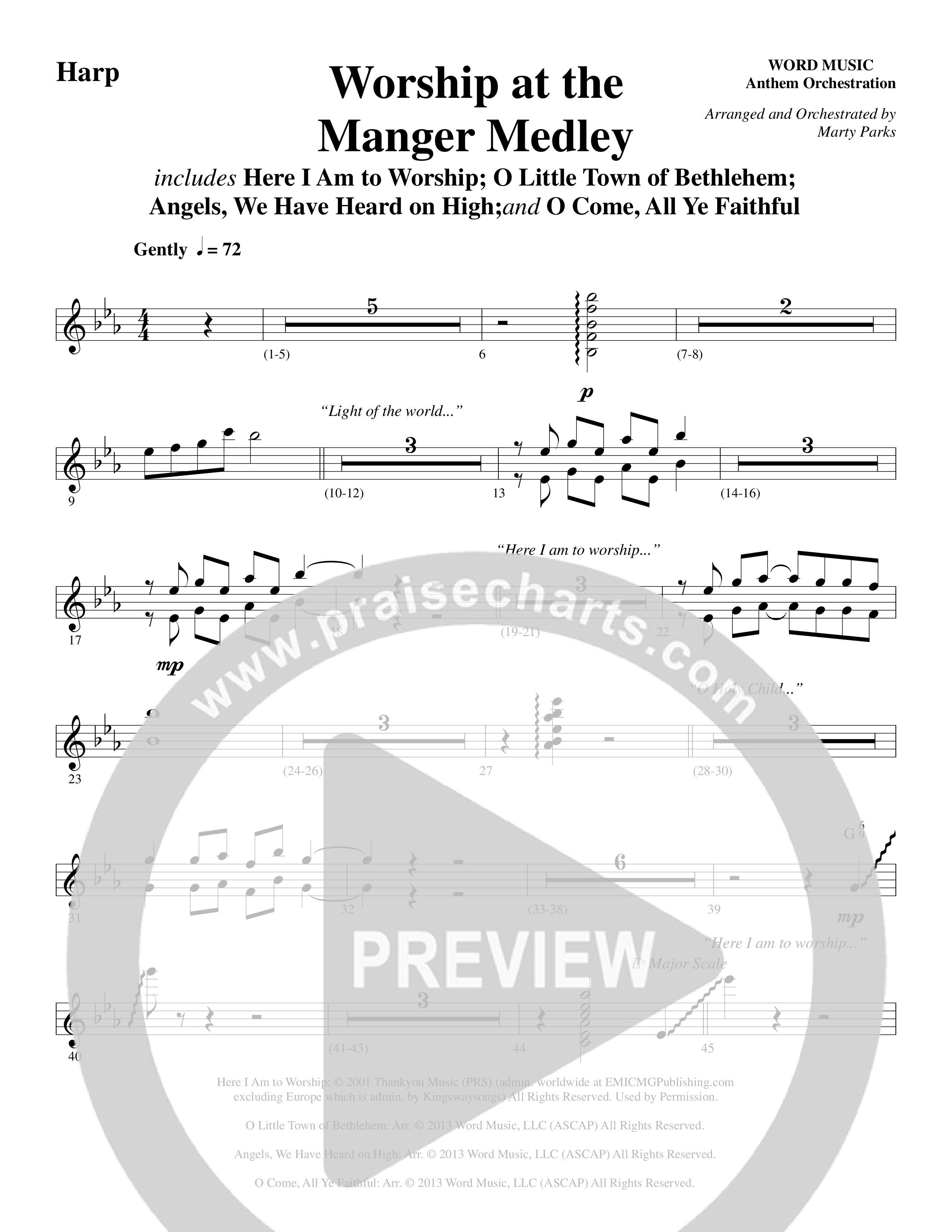 Worship At The Manger Medley (with Three Traditional Carols) (Choral Anthem SATB) Harp (Word Music Choral / Arr. Marty Parks)