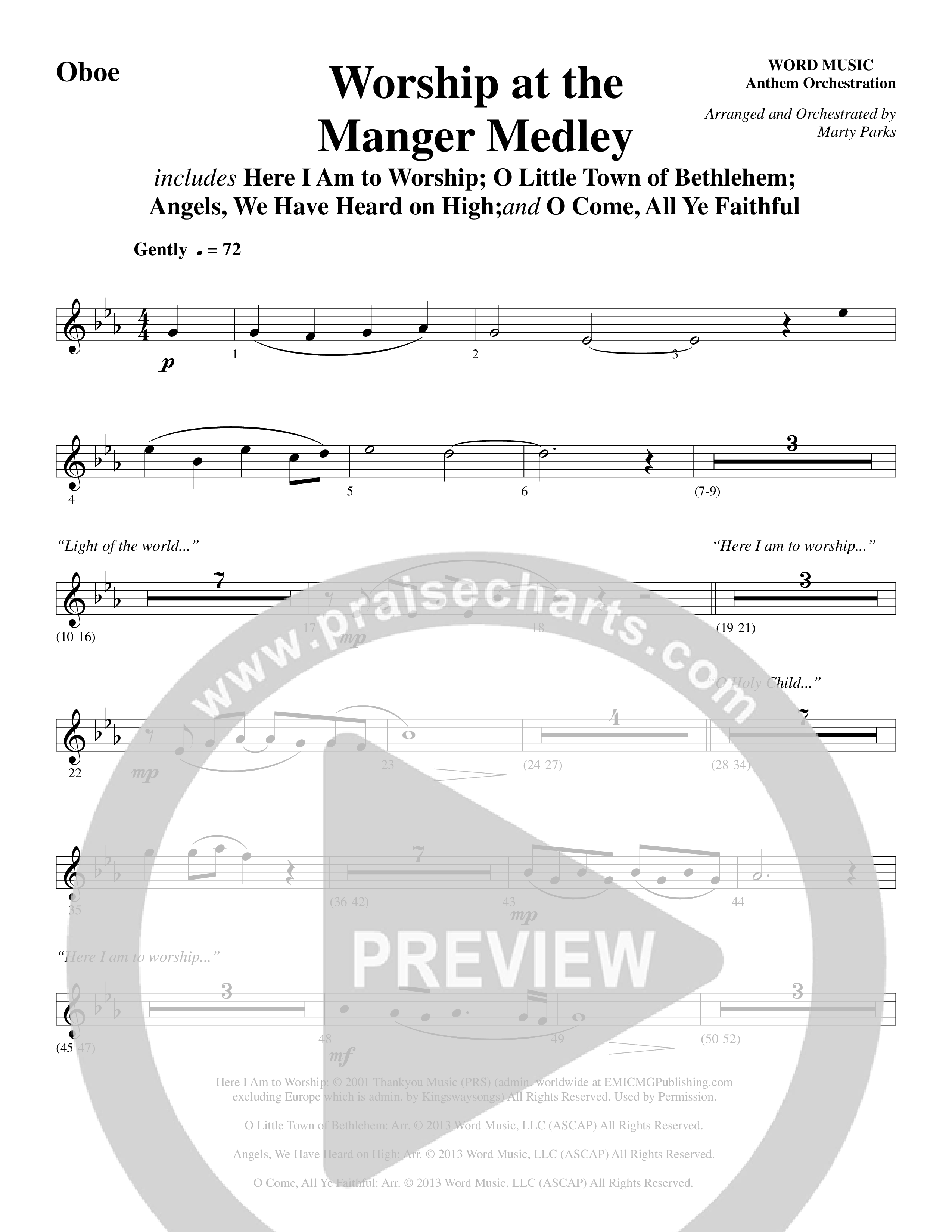 Worship At The Manger Medley (with Three Traditional Carols) (Choral Anthem SATB) Oboe (Word Music Choral / Arr. Marty Parks)