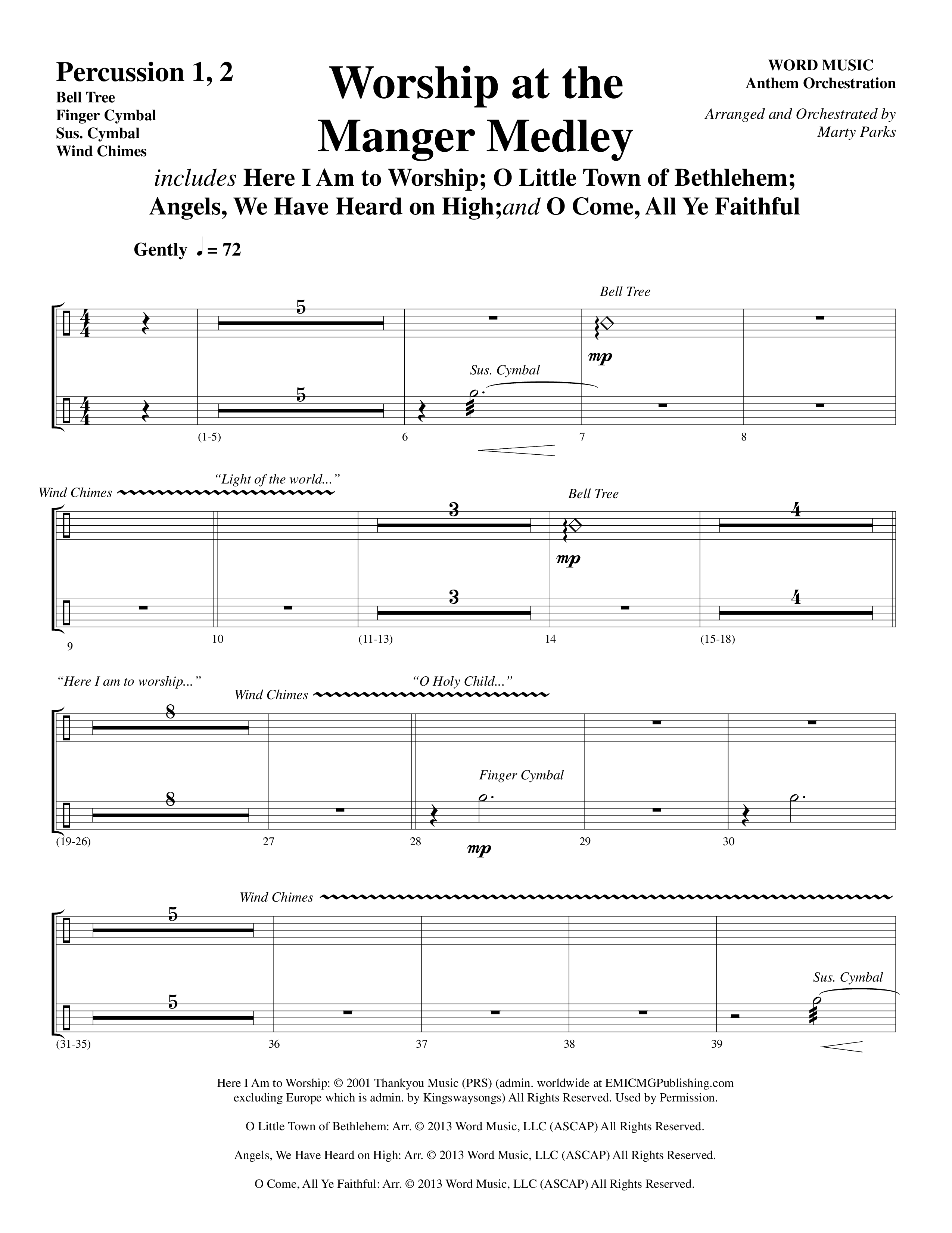 Worship At The Manger Medley (with Three Traditional Carols) (Choral Anthem SATB) Percussion (Word Music Choral / Arr. Marty Parks)