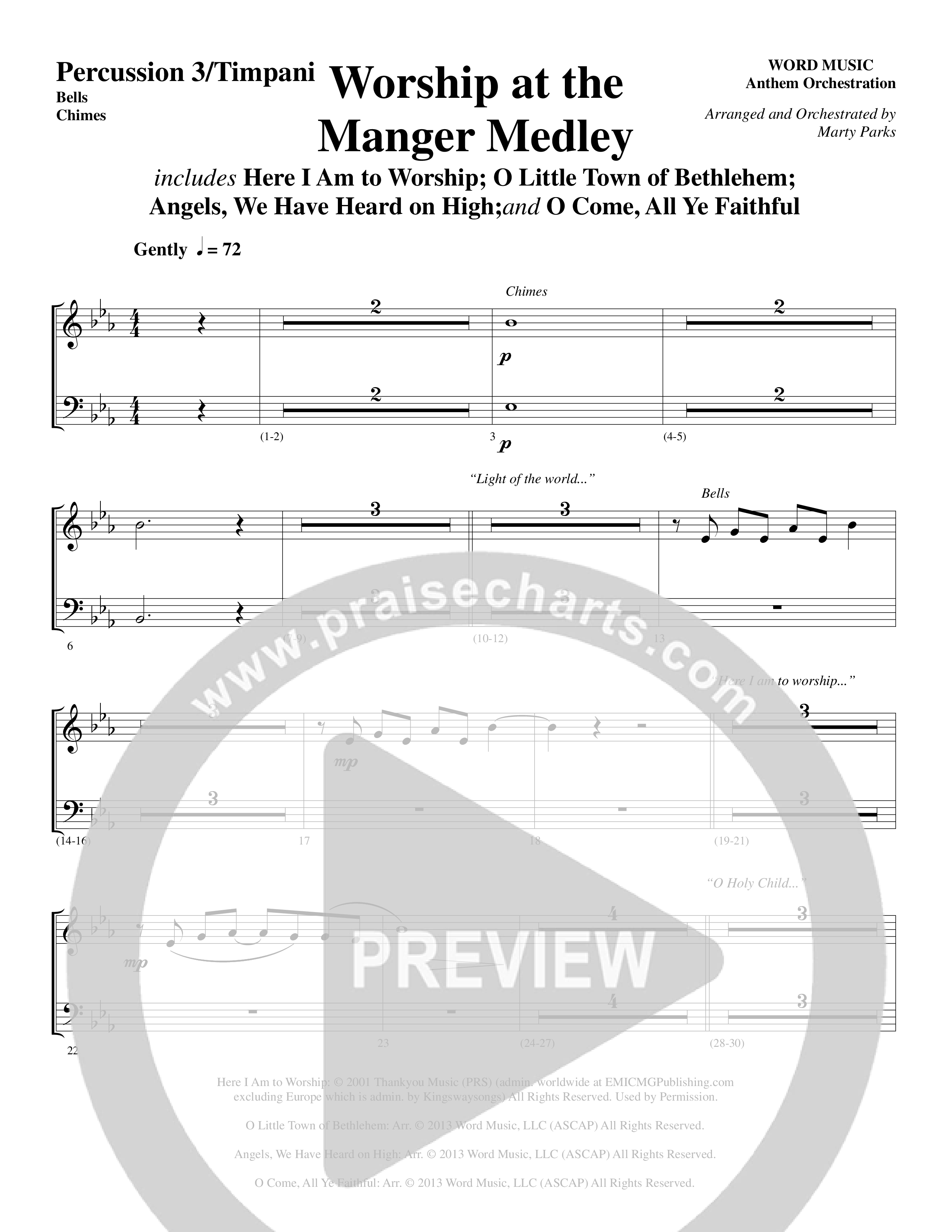 Worship At The Manger Medley (with Three Traditional Carols) (Choral Anthem SATB) Percussion (Word Music Choral / Arr. Marty Parks)