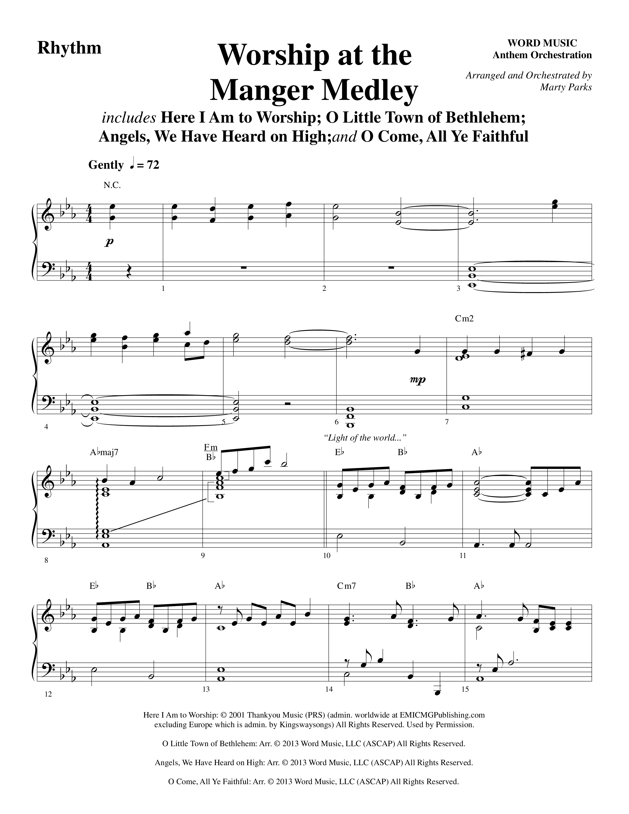 Worship At The Manger Medley (with Three Traditional Carols) (Choral Anthem SATB) Rhythm Chart (Word Music Choral / Arr. Marty Parks)