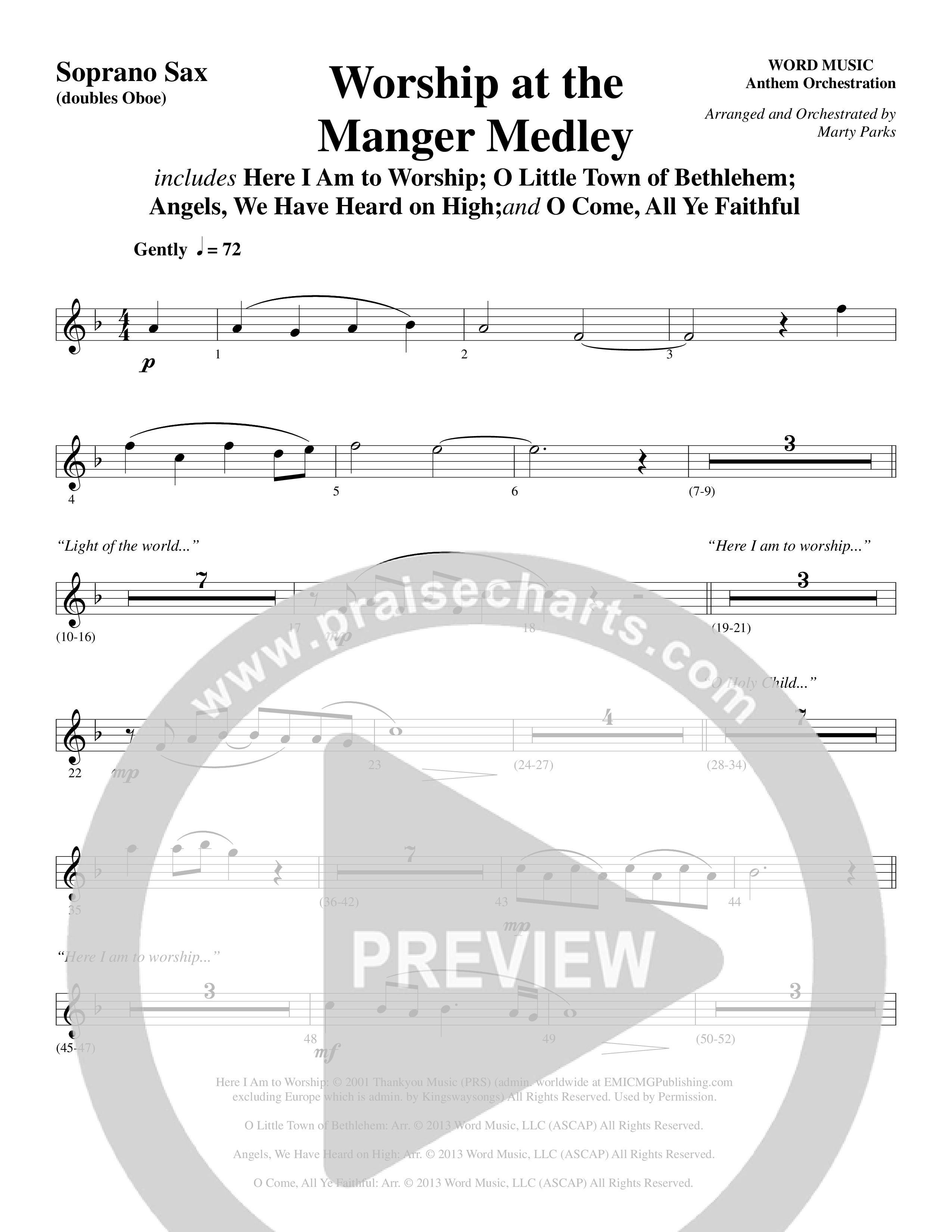 Worship At The Manger Medley (with Three Traditional Carols) (Choral Anthem SATB) Soprano Sax (Word Music Choral / Arr. Marty Parks)