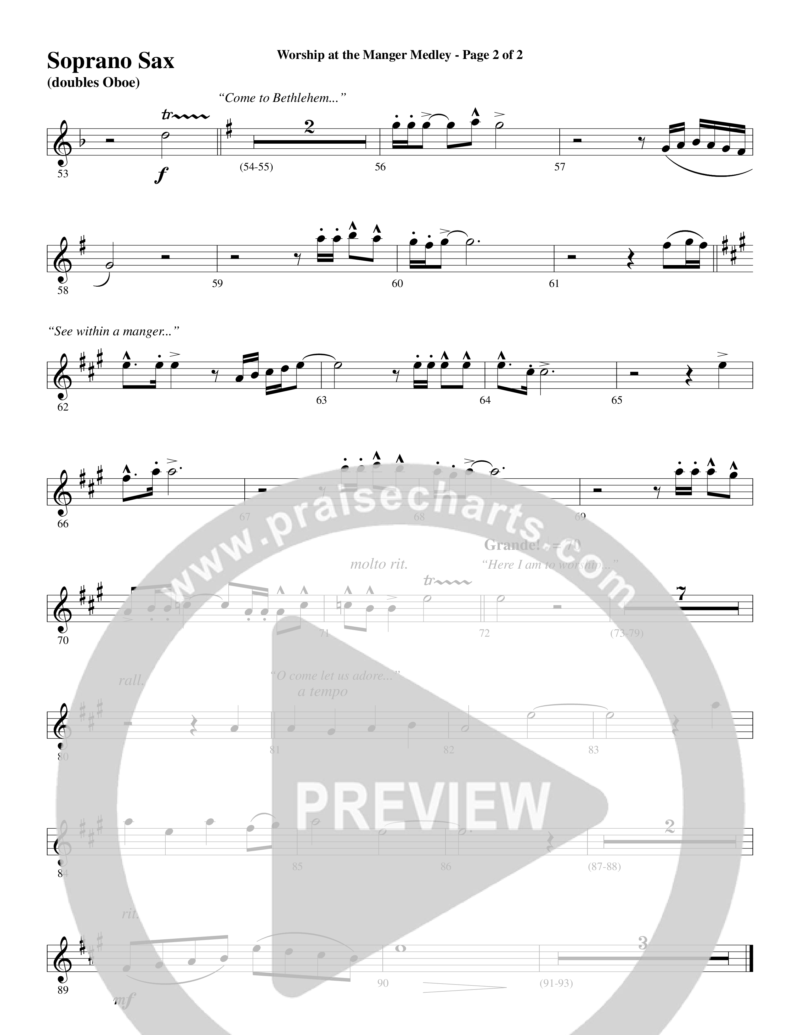 Worship At The Manger Medley (with Three Traditional Carols) (Choral Anthem SATB) Soprano Sax (Word Music Choral / Arr. Marty Parks)