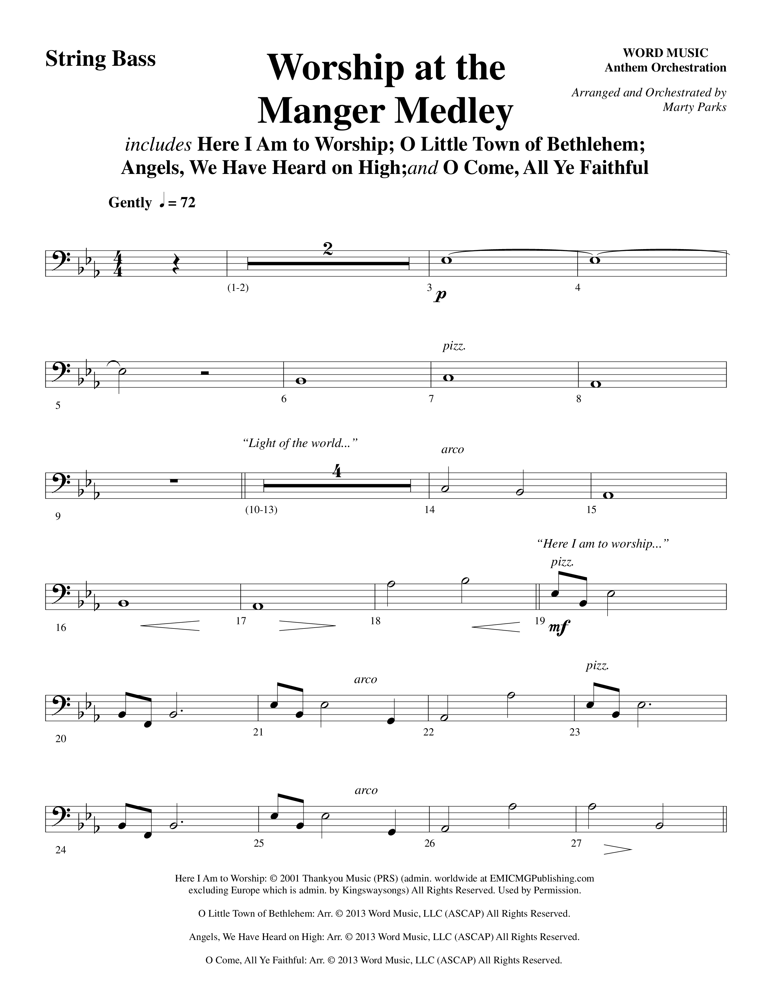 Worship At The Manger Medley (with Three Traditional Carols) (Choral Anthem SATB) String Bass (Word Music Choral / Arr. Marty Parks)