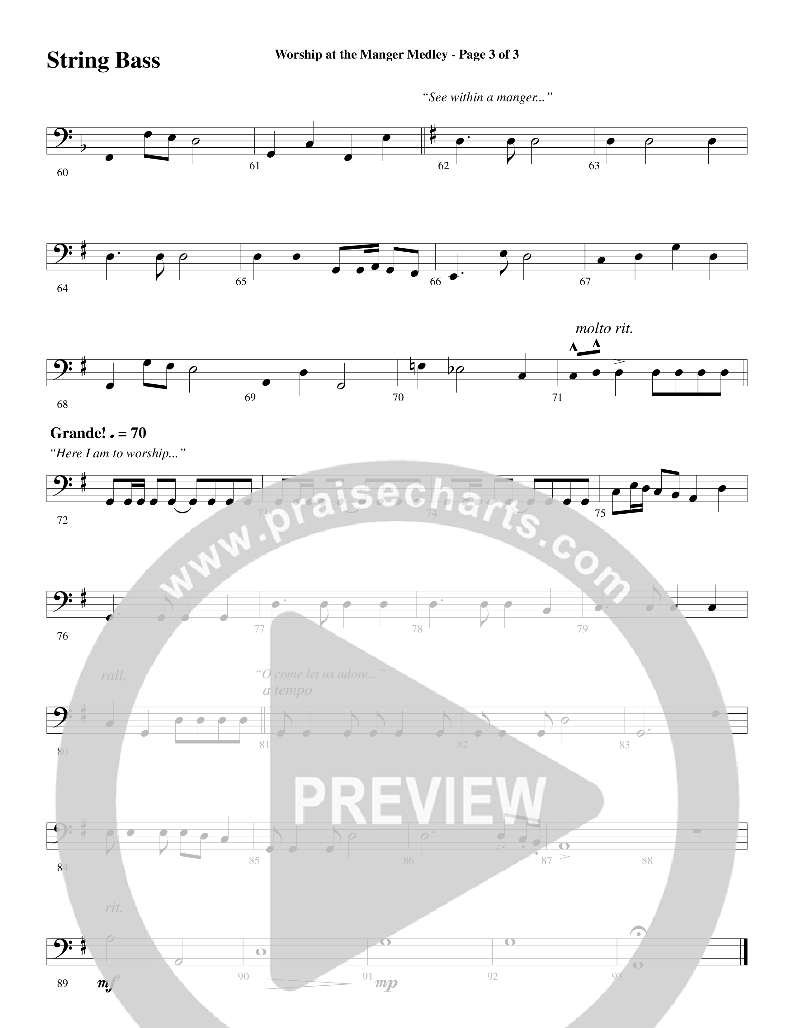 Worship At The Manger Medley (with Three Traditional Carols) (Choral Anthem SATB) String Bass (Word Music Choral / Arr. Marty Parks)